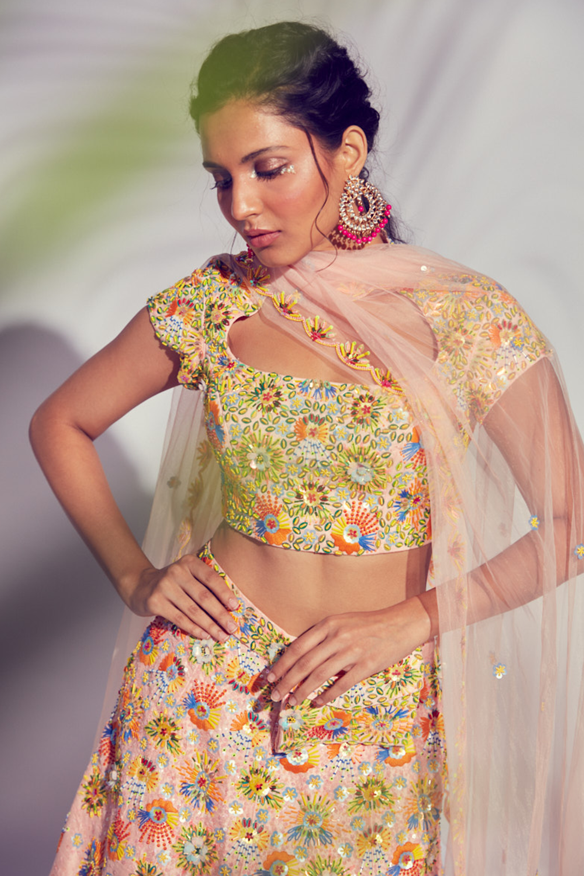 Peach 3D Embroidered Multicolour Lehenga Set With Embroidered Dupatta & Embroidered Bag Belt