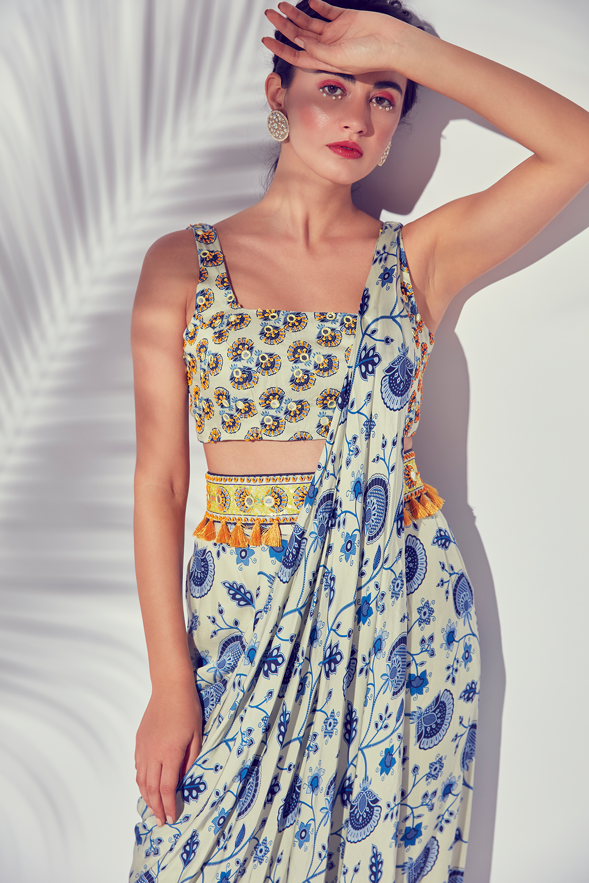 Blue Trigonal Butta Printed & Embroidered Blouse With Jaal Printed Pant Saree & Embroidered Belt