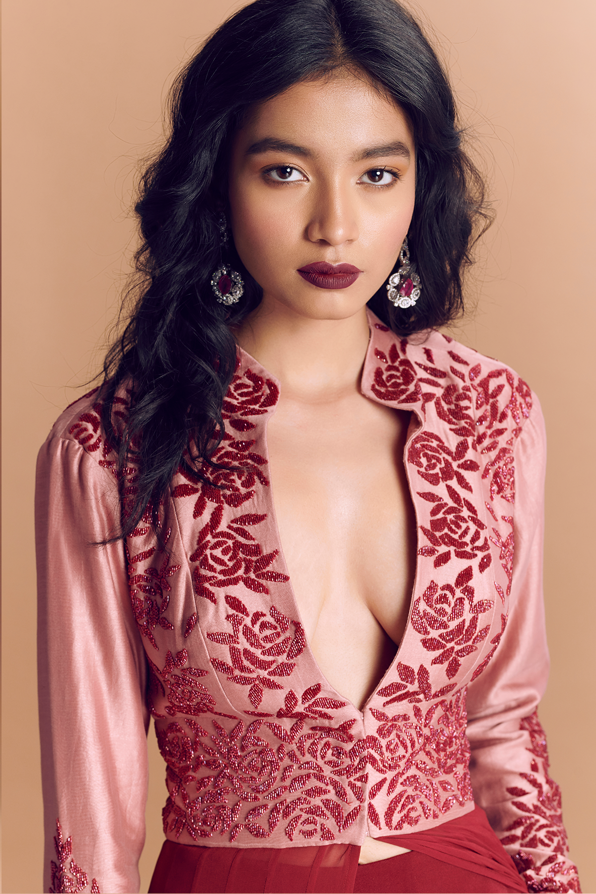 Maroon Rosette Embroidered Anarkali With Pant