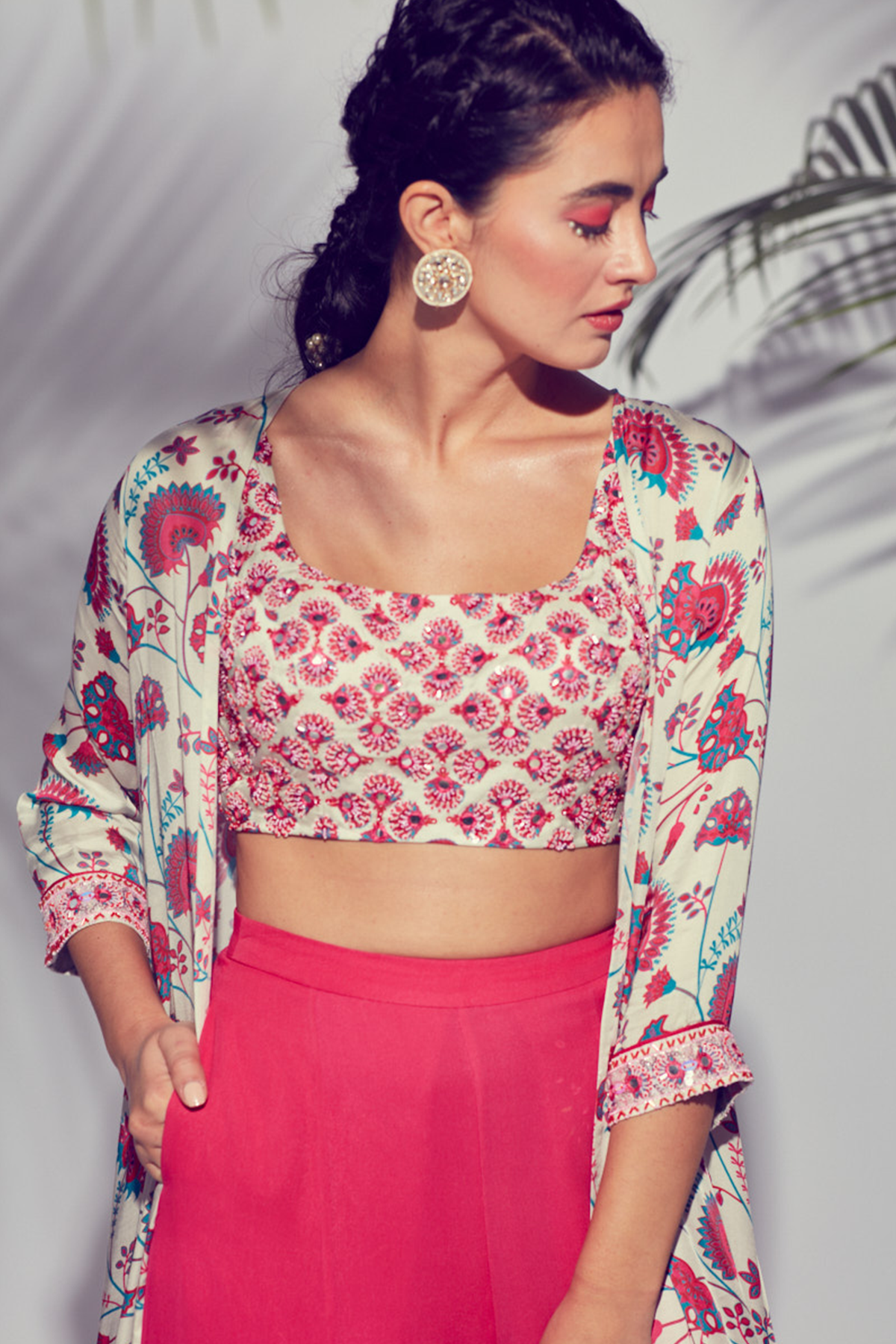 Pink Jaal Printed Jacket With Butta Embroidered Blouse & Sharara