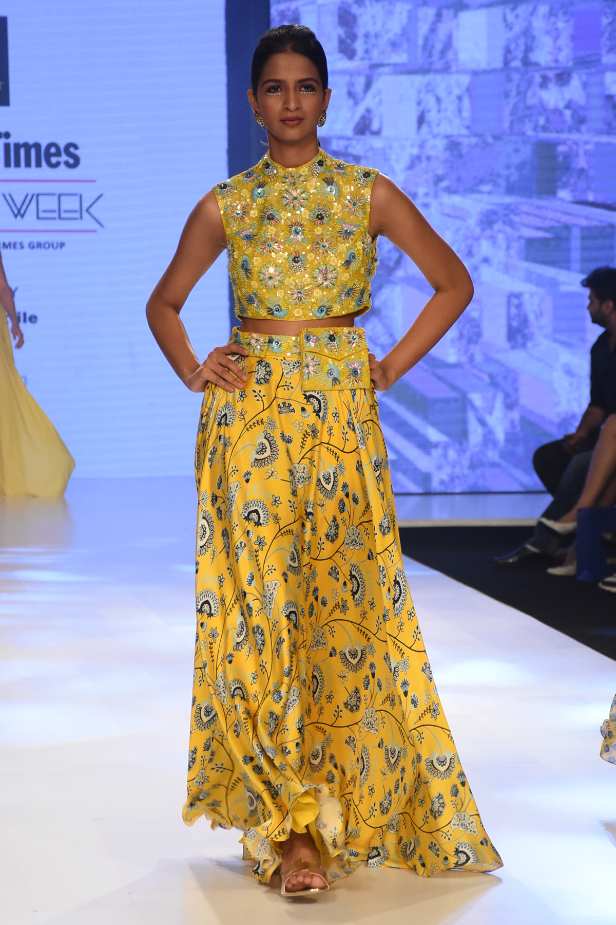 Yellow Jaal Printed Lehenga With Blue and Yellow 3D Embroidered Blouse & Bag Belt