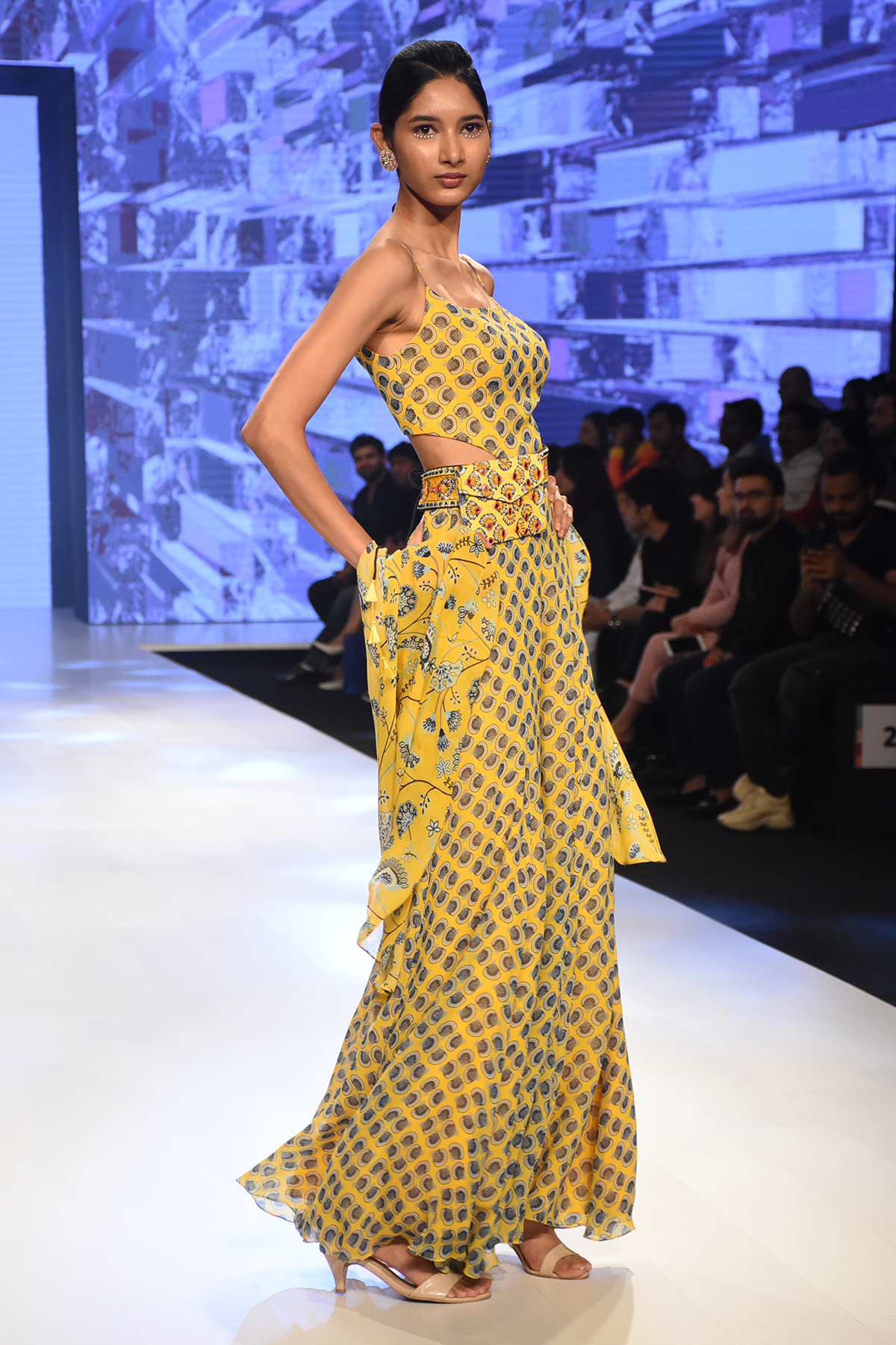 Yellow Butta Printed Spagetti Jumpsuit With Jaal Printed Jacket and Embroidered Bag Belt