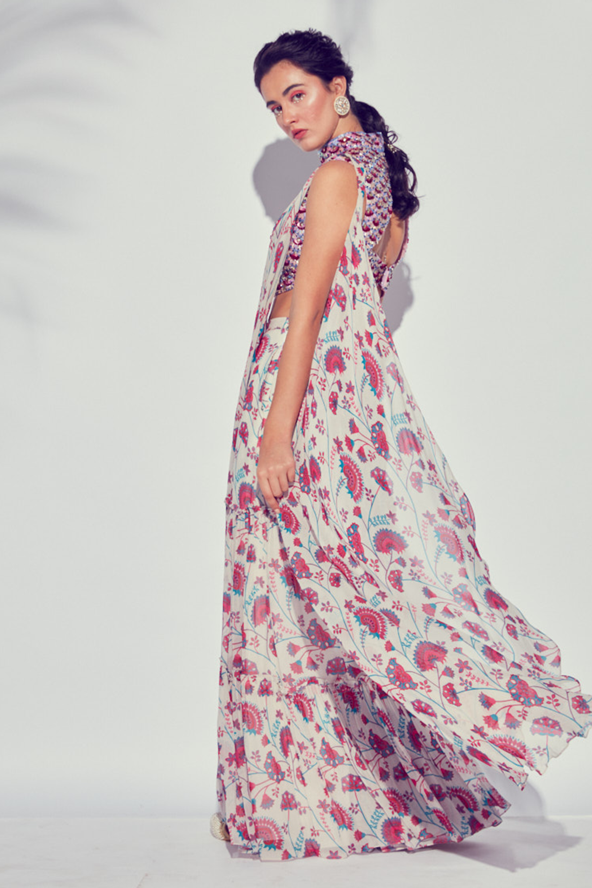 PINK HIGH NECK SCALLOP MIX MEDIA EMBROIDERED BLOUSE WITH TIERED JAAL PRINTED GHARARA PANTS SAREE