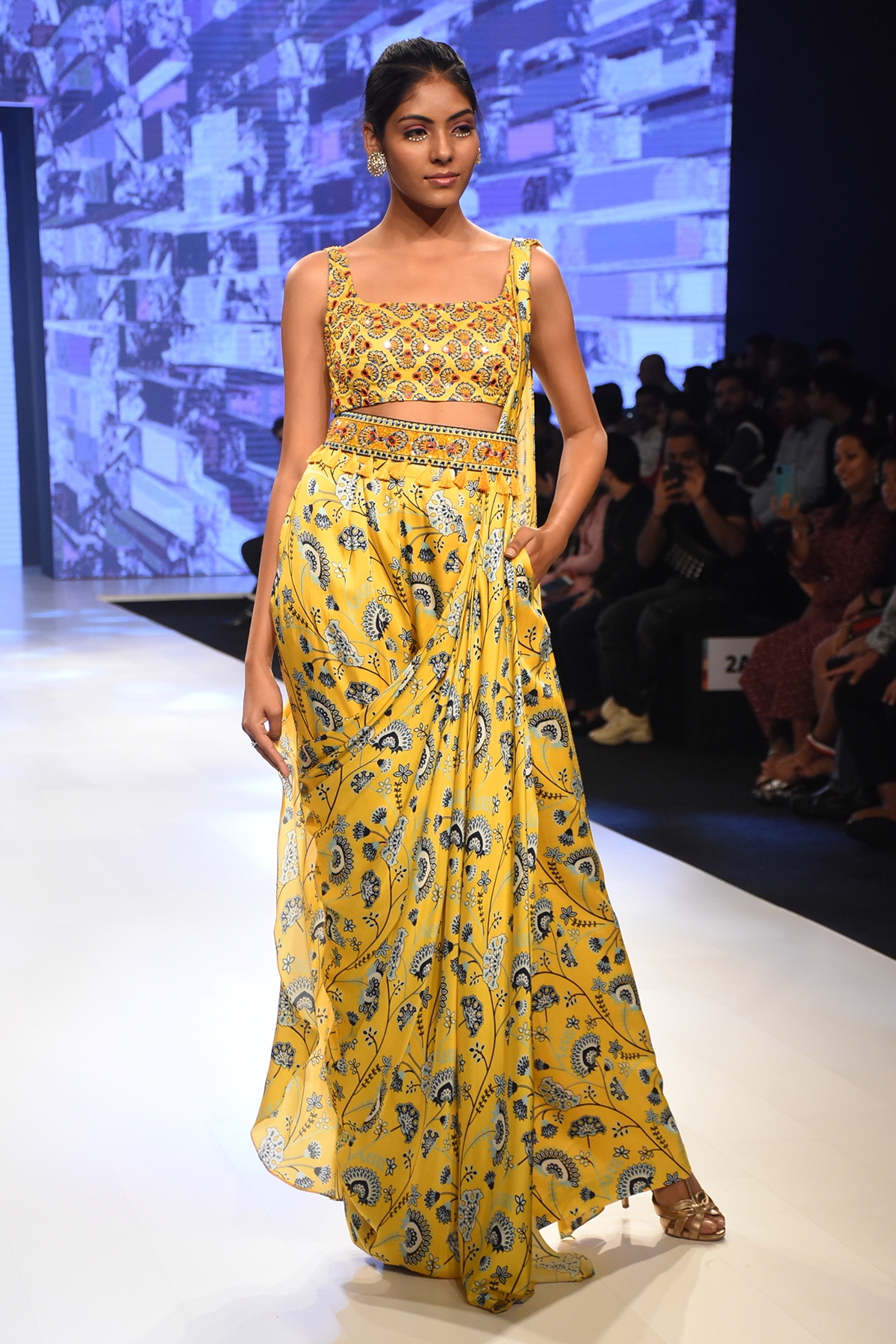 Yellow Jaal Printed Pant Saree With Butta Embroidered Blouse & Embroidered Belt