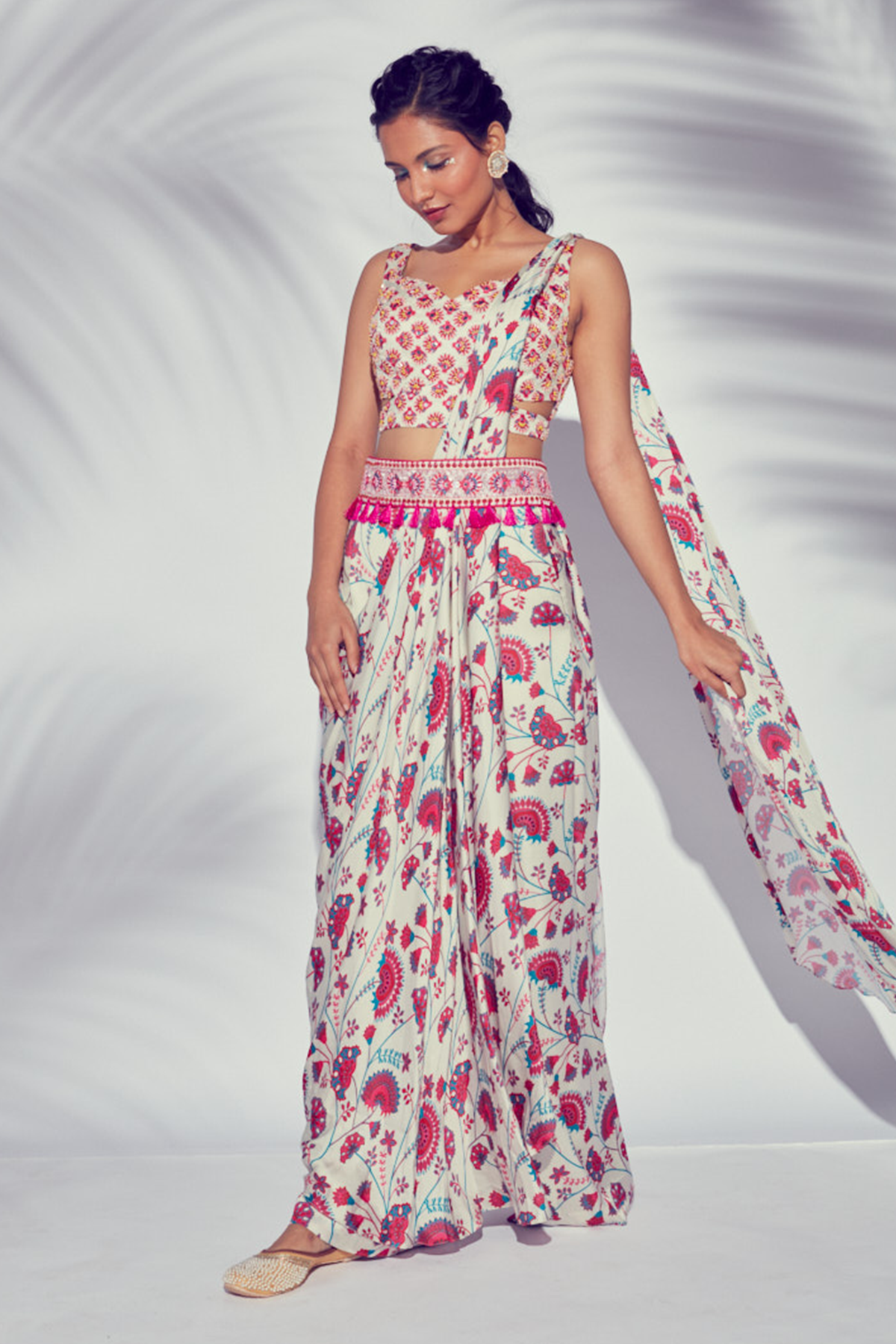 Pink Jaal Printed Pant Saree With Butta Embroidered Blouse & Embroidered Tassel Belt