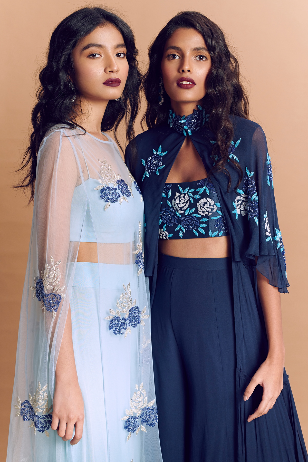 Powder Blue Silver Embroidered Cape With Powder Blue Pant & Bustier