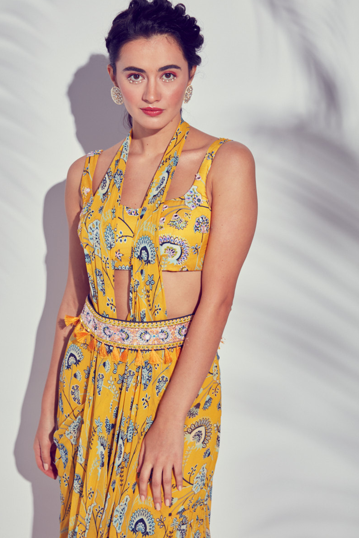 YELLOW JAAL PRINTED TIERED GHARARA PANTS SAREE & BLOUSE WITH EMBROIDERED TASSEL BELT