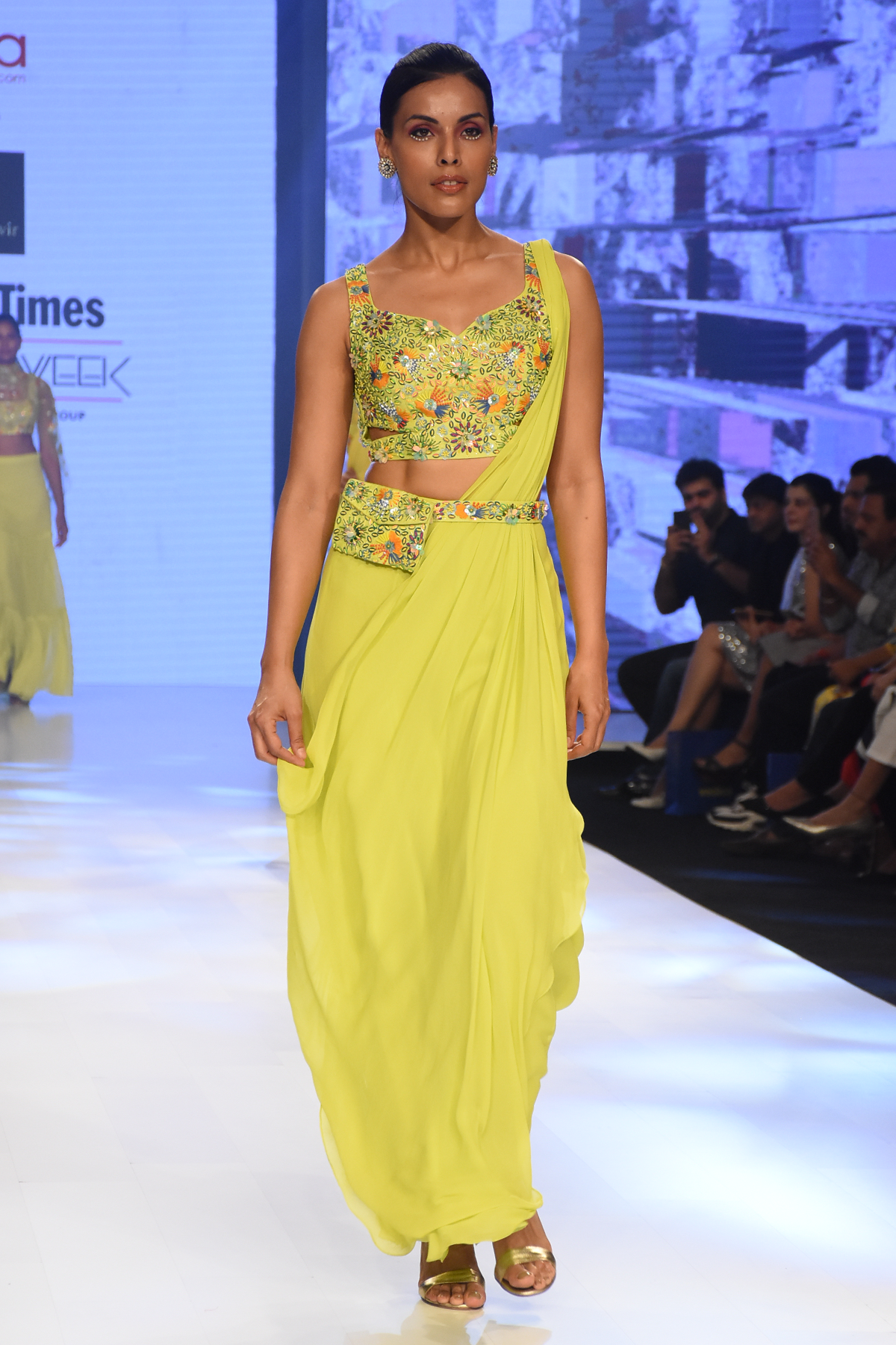 Lime Green 3D Multicolour Embroidered Cut out Blouse with Prestitched Sharara Saree & Embroidered Bag Belt