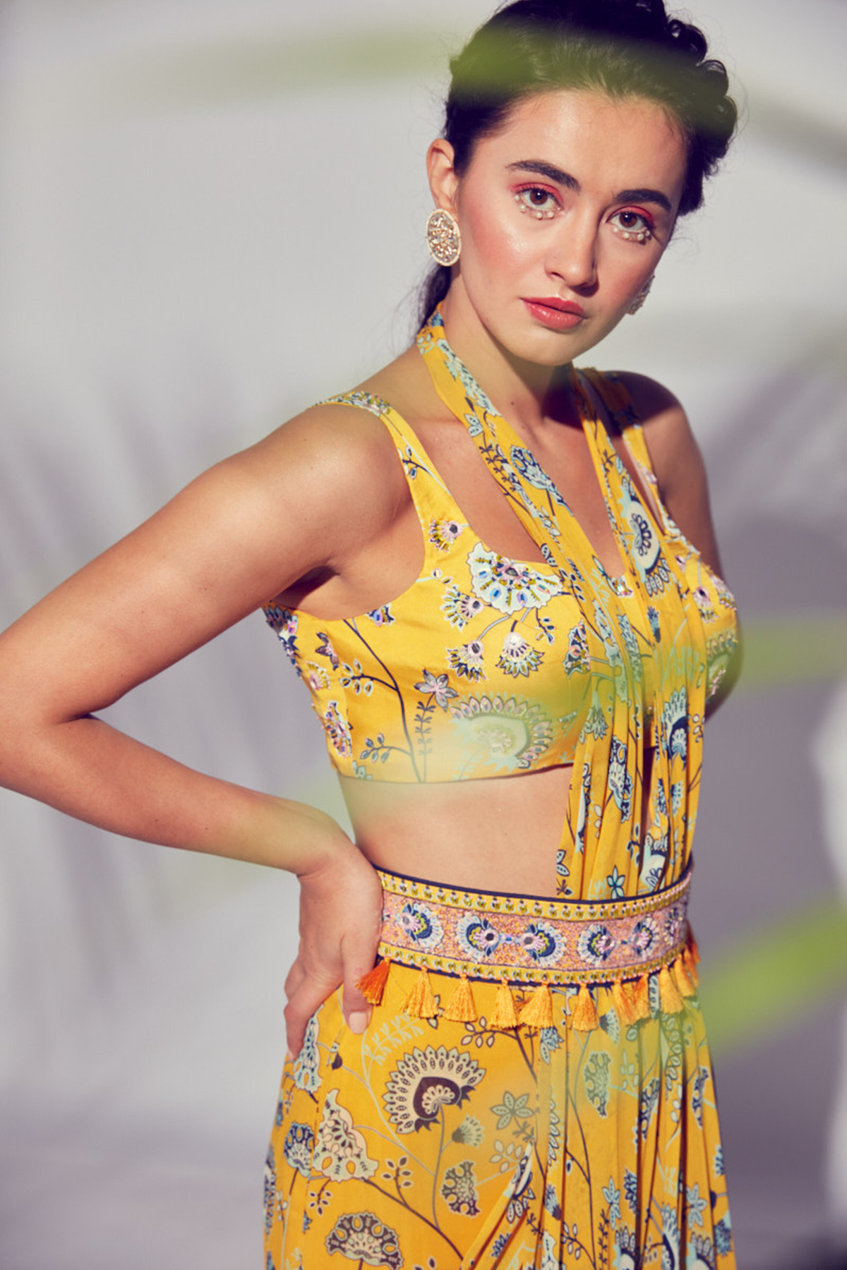 YELLOW JAAL PRINTED TIERED GHARARA PANTS SAREE & BLOUSE WITH EMBROIDERED TASSEL BELT