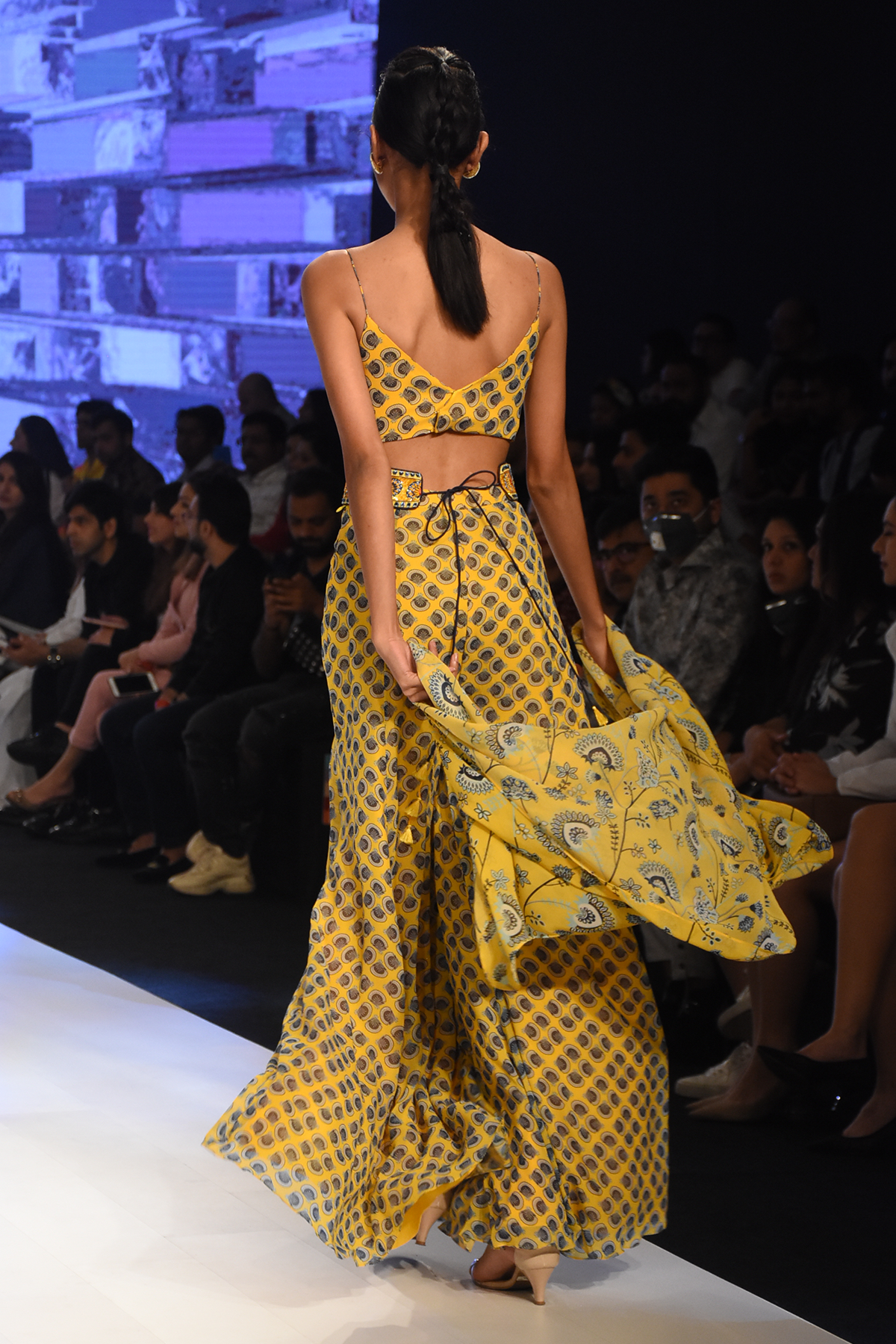 Yellow Butta Printed Spagetti Jumpsuit With Jaal Printed Jacket and Embroidered Bag Belt