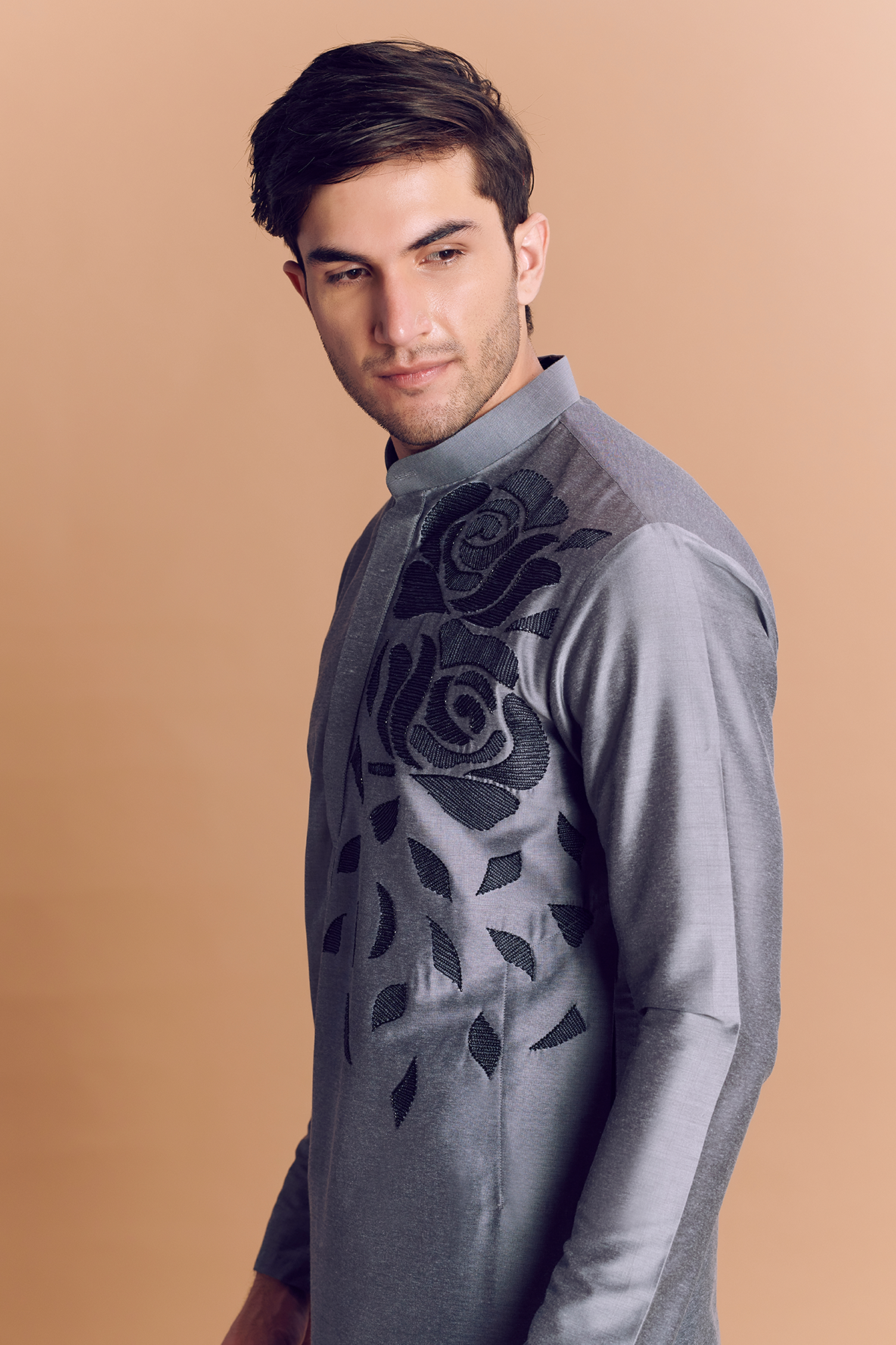 Grey Kurta With Rose Embroidery