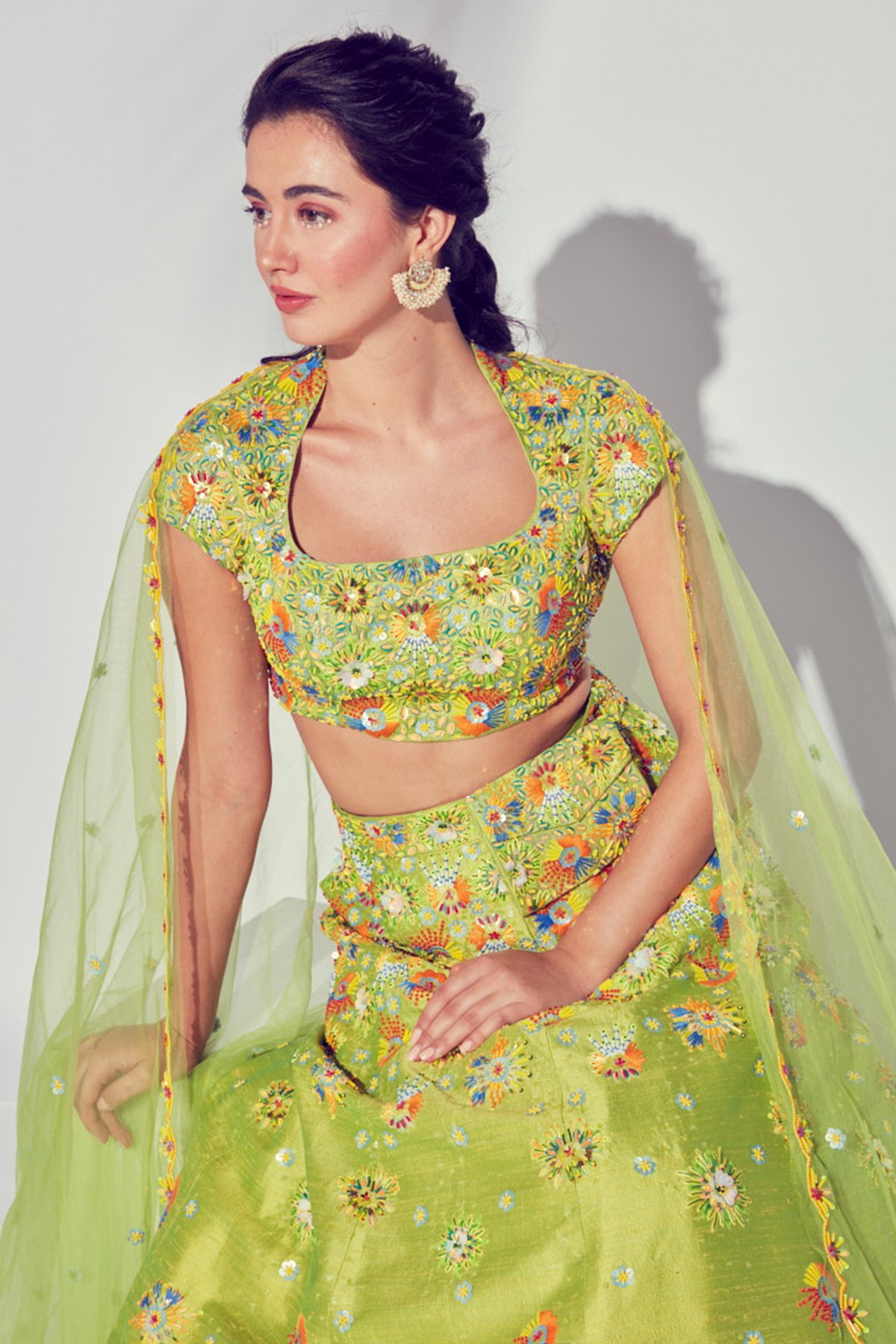 Lime Green 3D Embroidered Multicolour Lehenga Set With Embroidered Dupatta & Embroidered Bag Belt