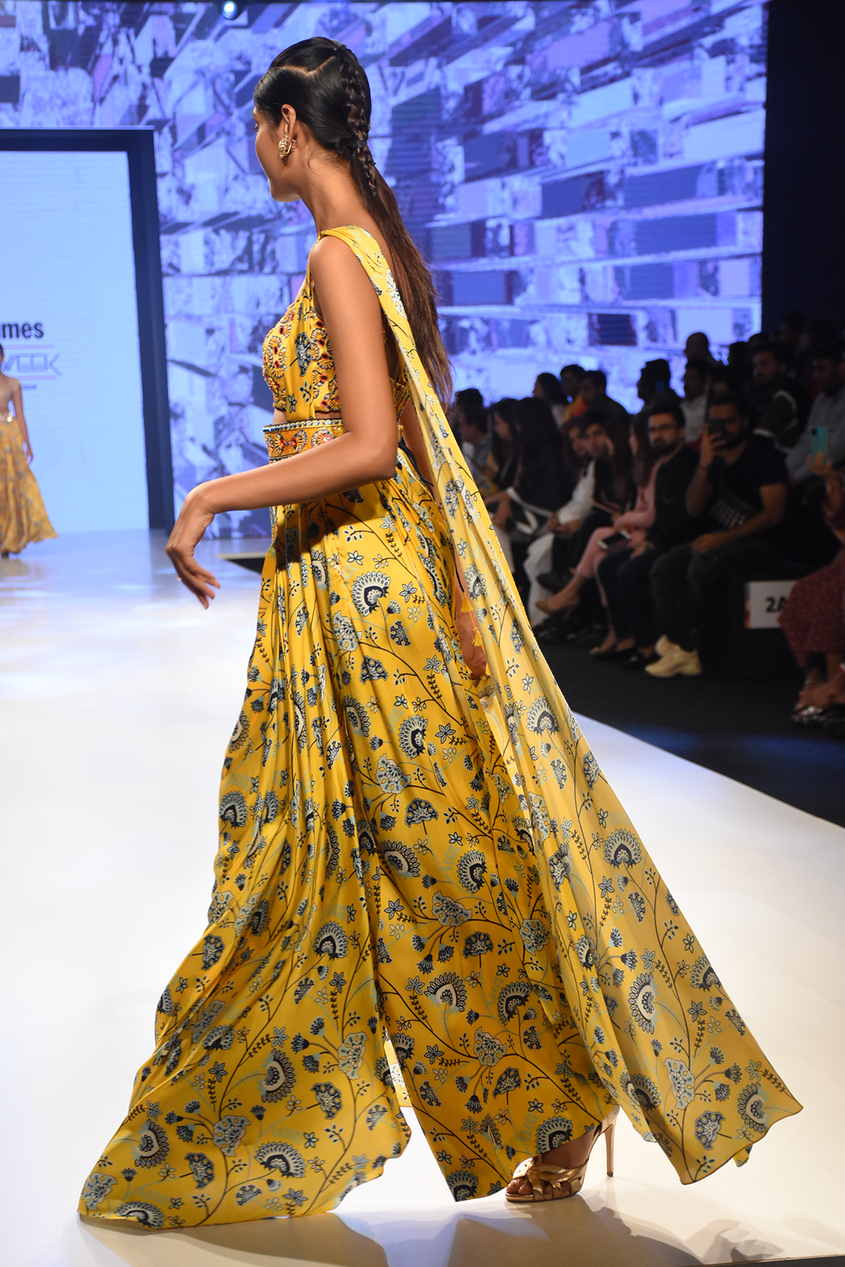 Yellow Jaal Printed Pant Saree With Butta Embroidered Blouse & Embroidered Belt