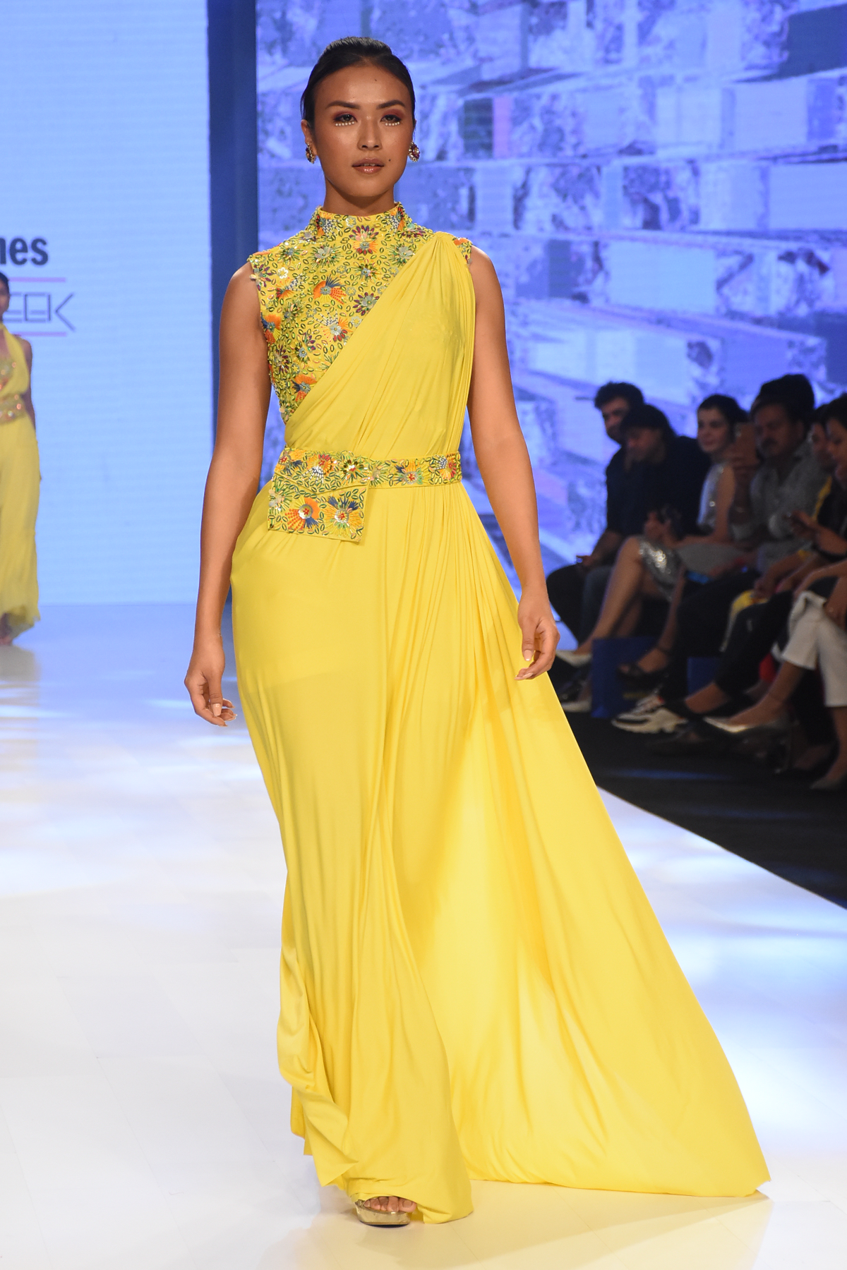 YELLOW 3D MULTICOLOUR EMBROIDERED PRESTICHED LYCRA SKIRT SAREE WITH EMBROIDERED BAG BELT