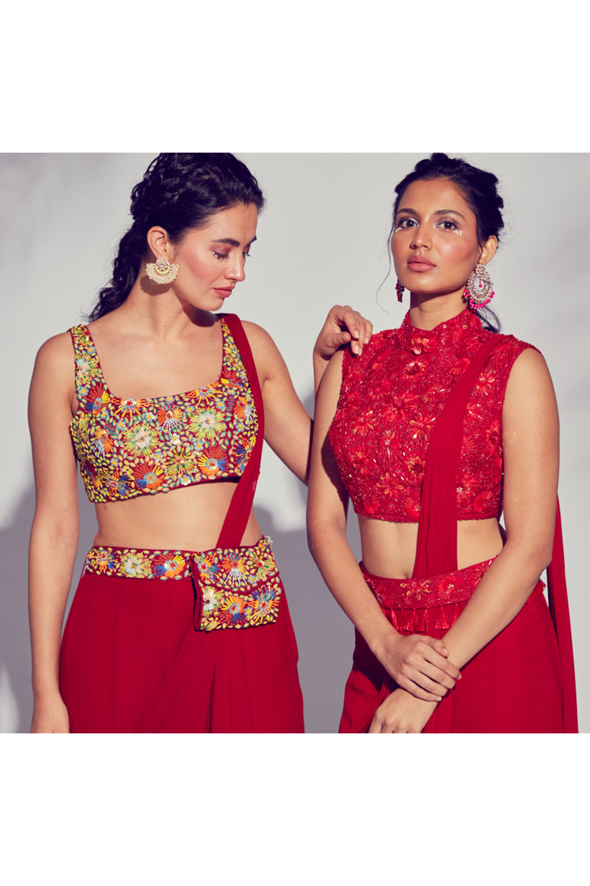 Red Prestitched Sharara Saree with 3D Embroidered Blouse & Embroidered Bag Belt