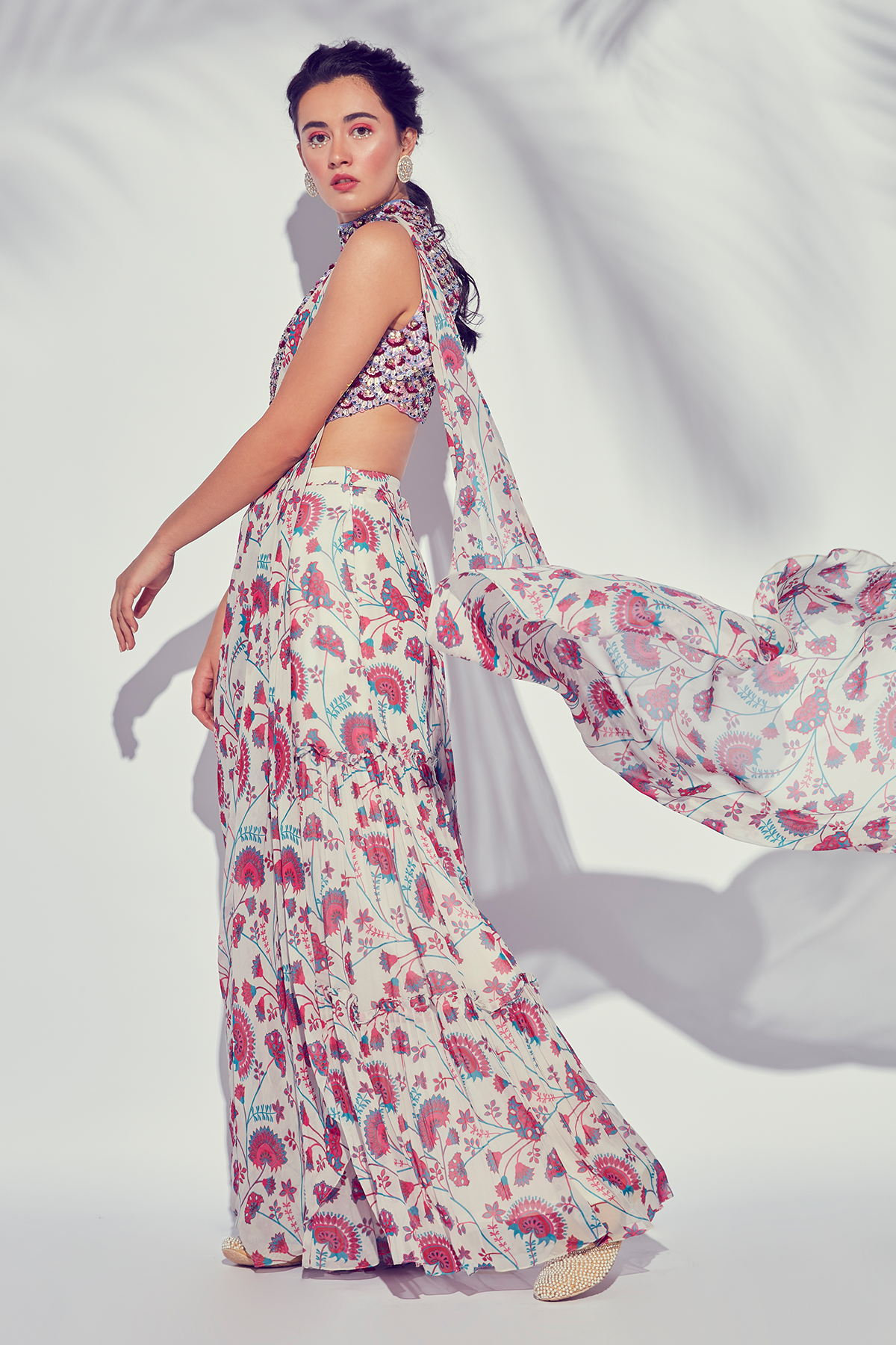 PINK HIGH NECK SCALLOP MIX MEDIA EMBROIDERED BLOUSE WITH TIERED JAAL PRINTED GHARARA PANTS SAREE