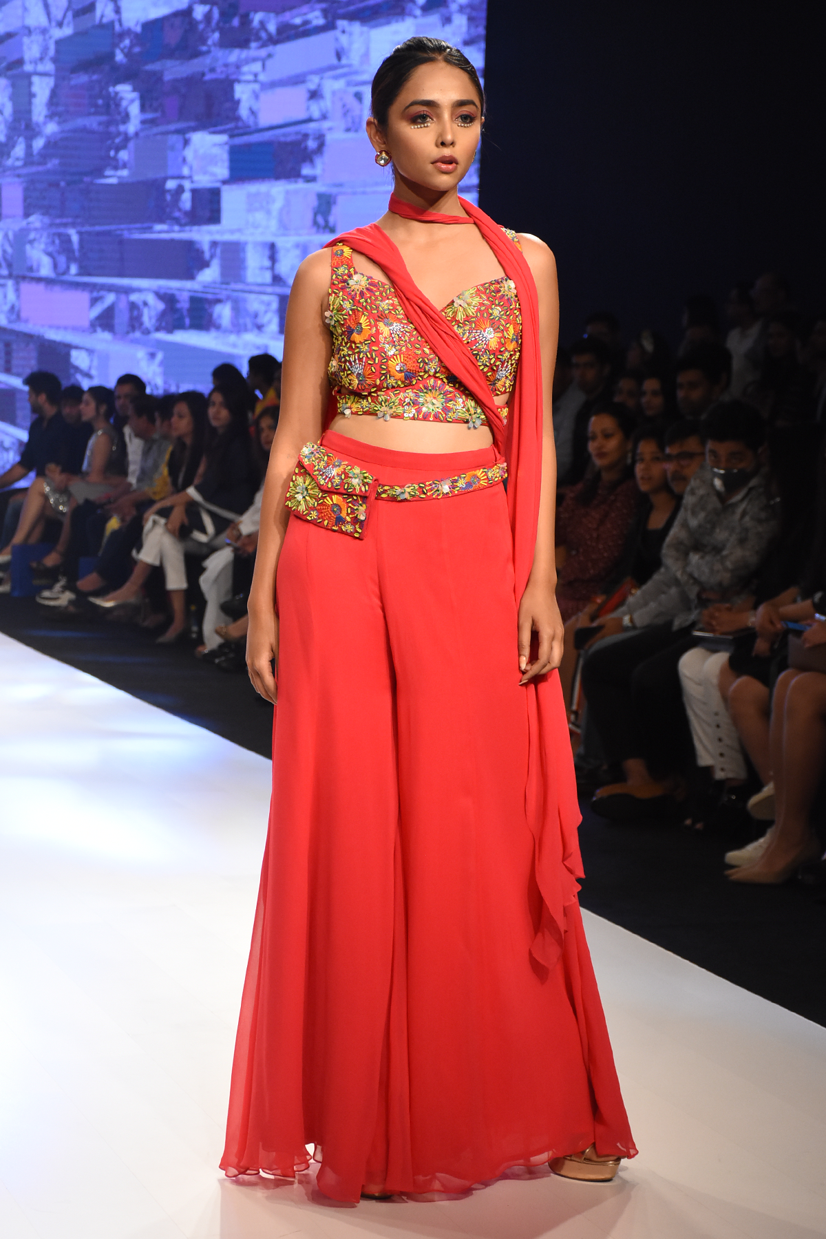 Hot Pink 3D Multicolour Embroidered Cut Out Blouse with Prestiched Sharara Saree & Embroidered Bag Belt