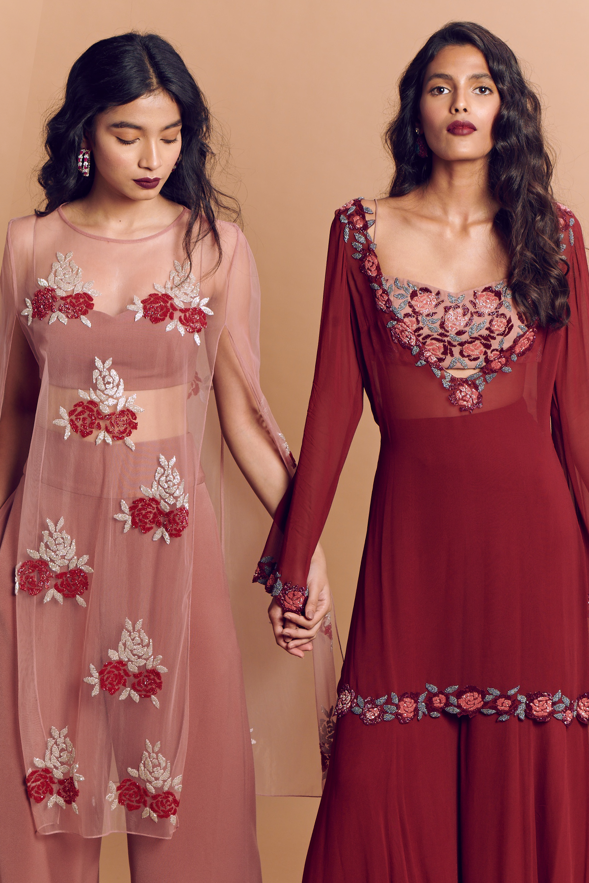 Old Rose Silver Embroidered Cape With Maroon Pant & Bustier