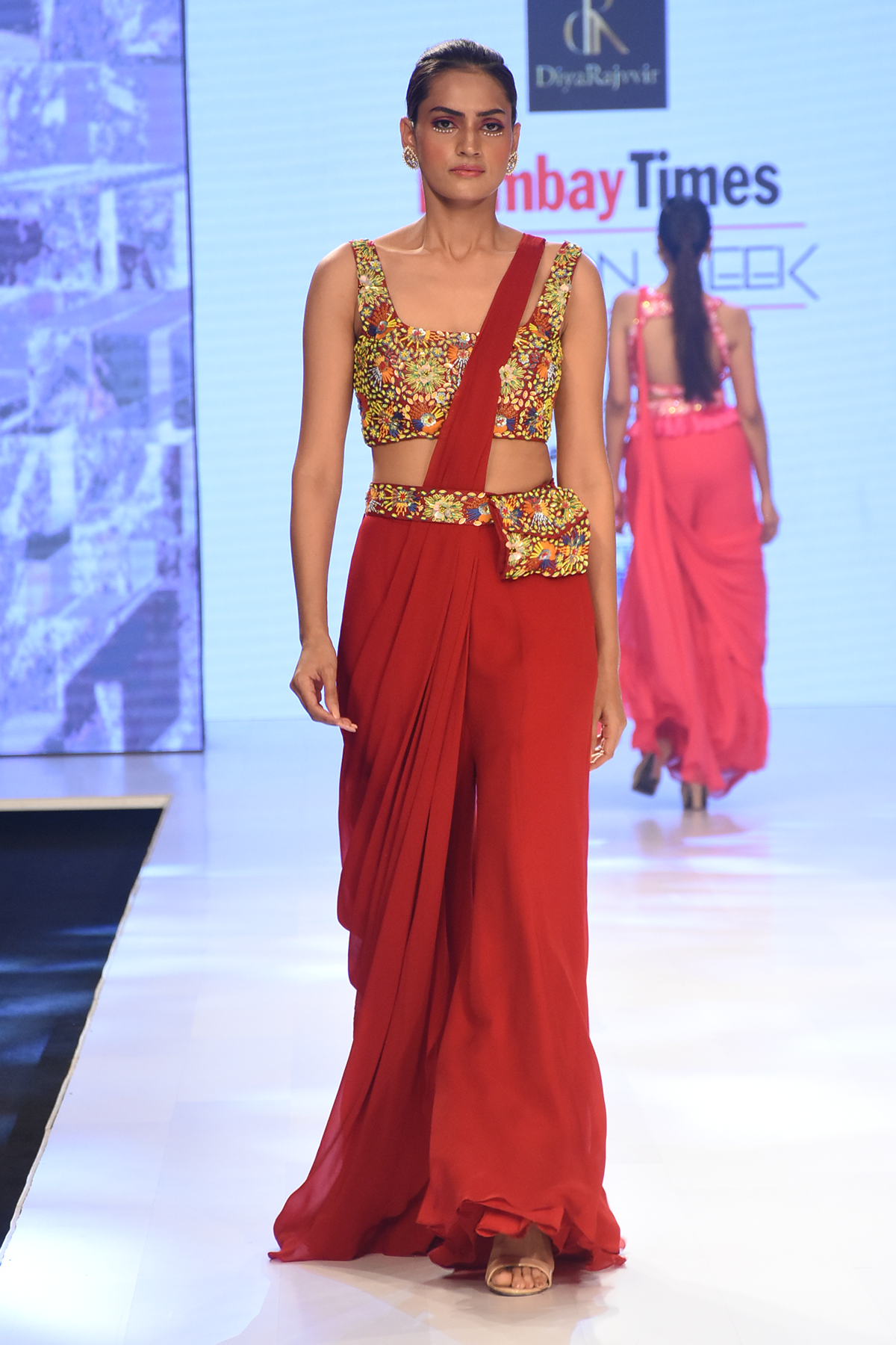 Red Prestitched Sharara Saree with 3D Embroidered Blouse & Embroidered Bag Belt