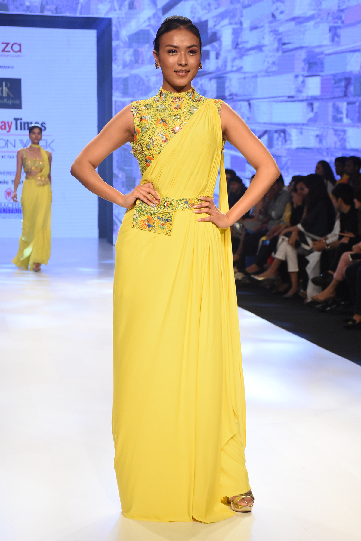 YELLOW 3D MULTICOLOUR EMBROIDERED PRESTICHED LYCRA SKIRT SAREE WITH EMBROIDERED BAG BELT