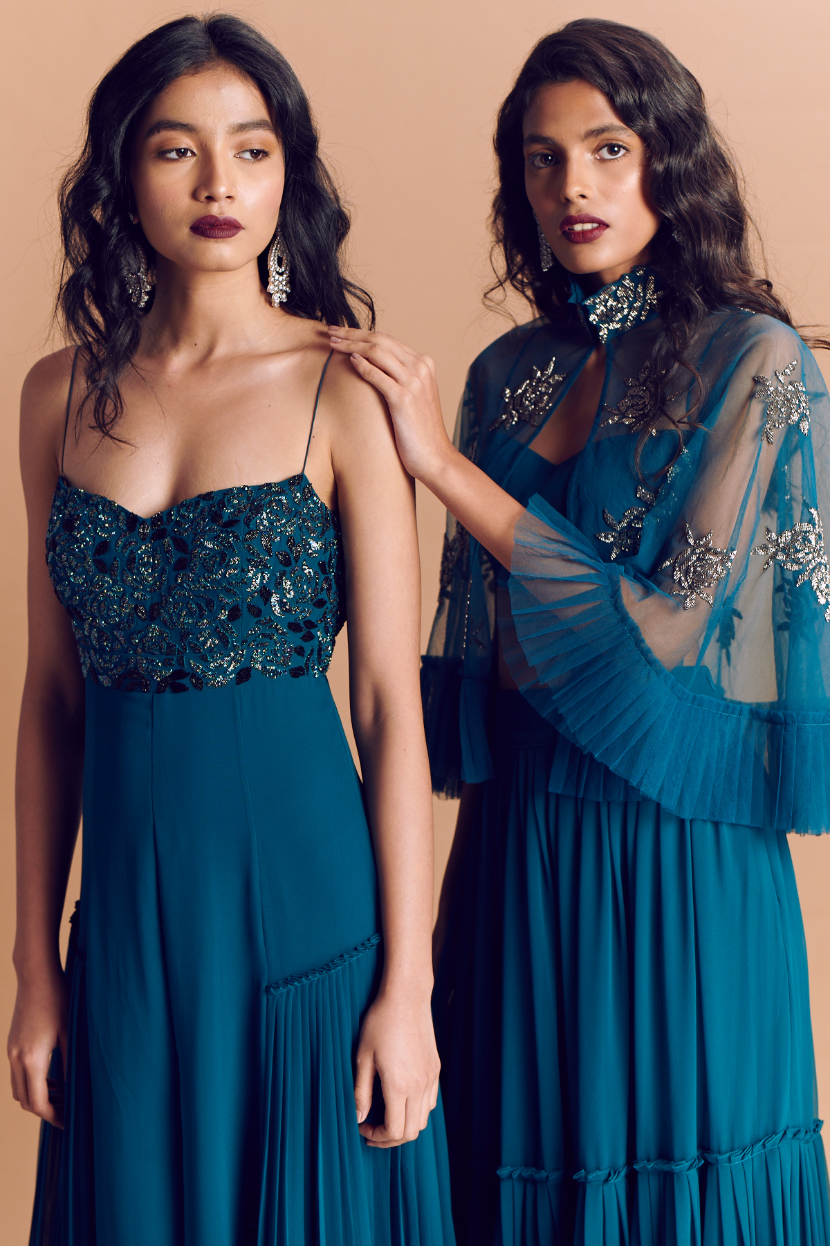 Peacock Green Tiered Skirt & Bustier With Rose Embroidered Tulle Cape