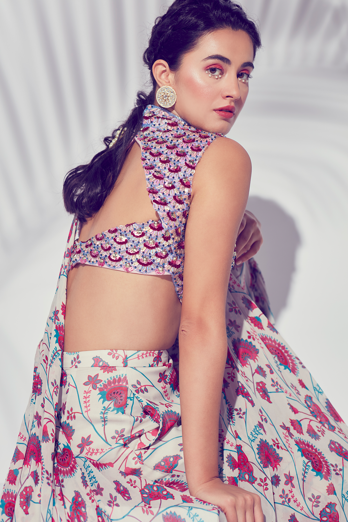 PINK HIGH NECK SCALLOP MIX MEDIA EMBROIDERED BLOUSE WITH TIERED JAAL PRINTED GHARARA PANTS SAREE