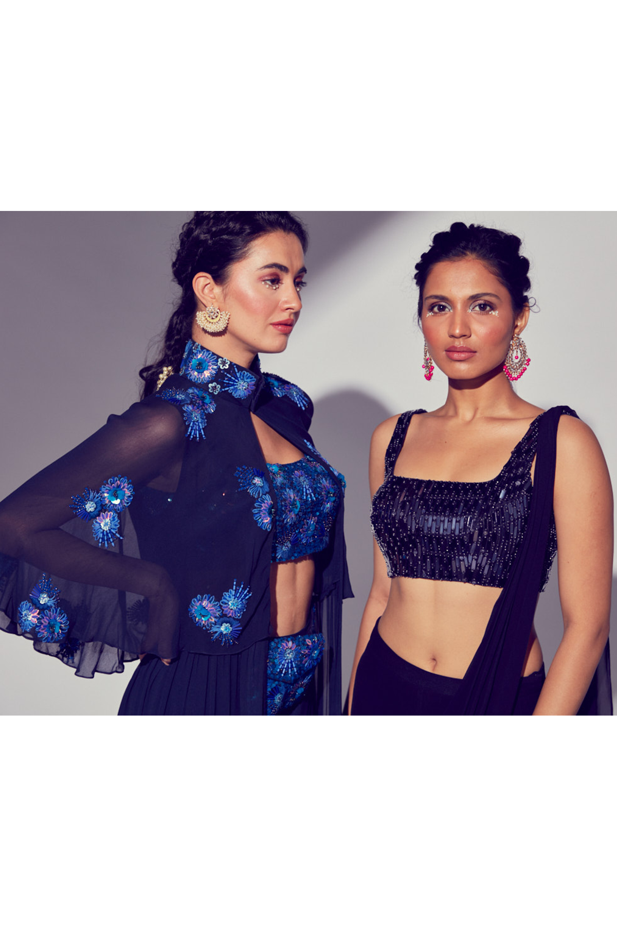 Navy Blue Acrylic Embroidered Blouse With Tiered Saree
