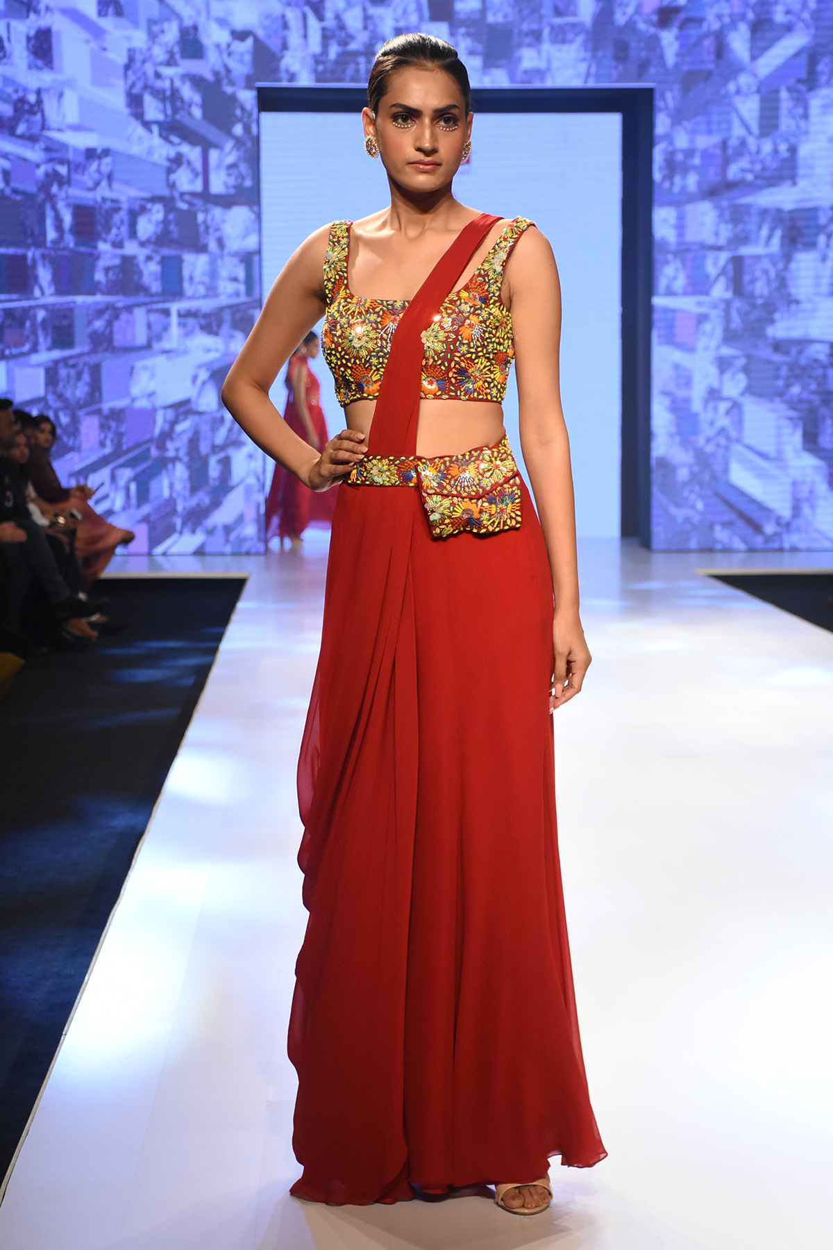 Red Prestitched Sharara Saree with 3D Embroidered Blouse & Embroidered Bag Belt