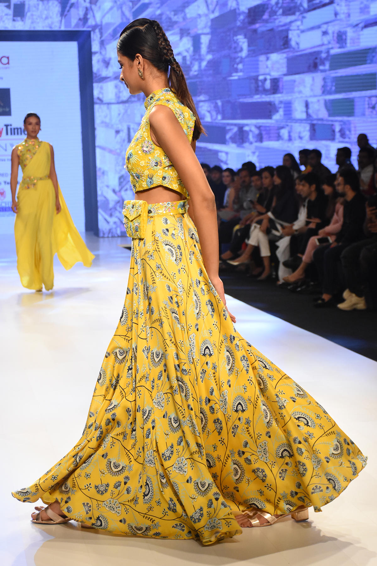 Yellow Jaal Printed Lehenga With Blue and Yellow 3D Embroidered Blouse & Bag Belt