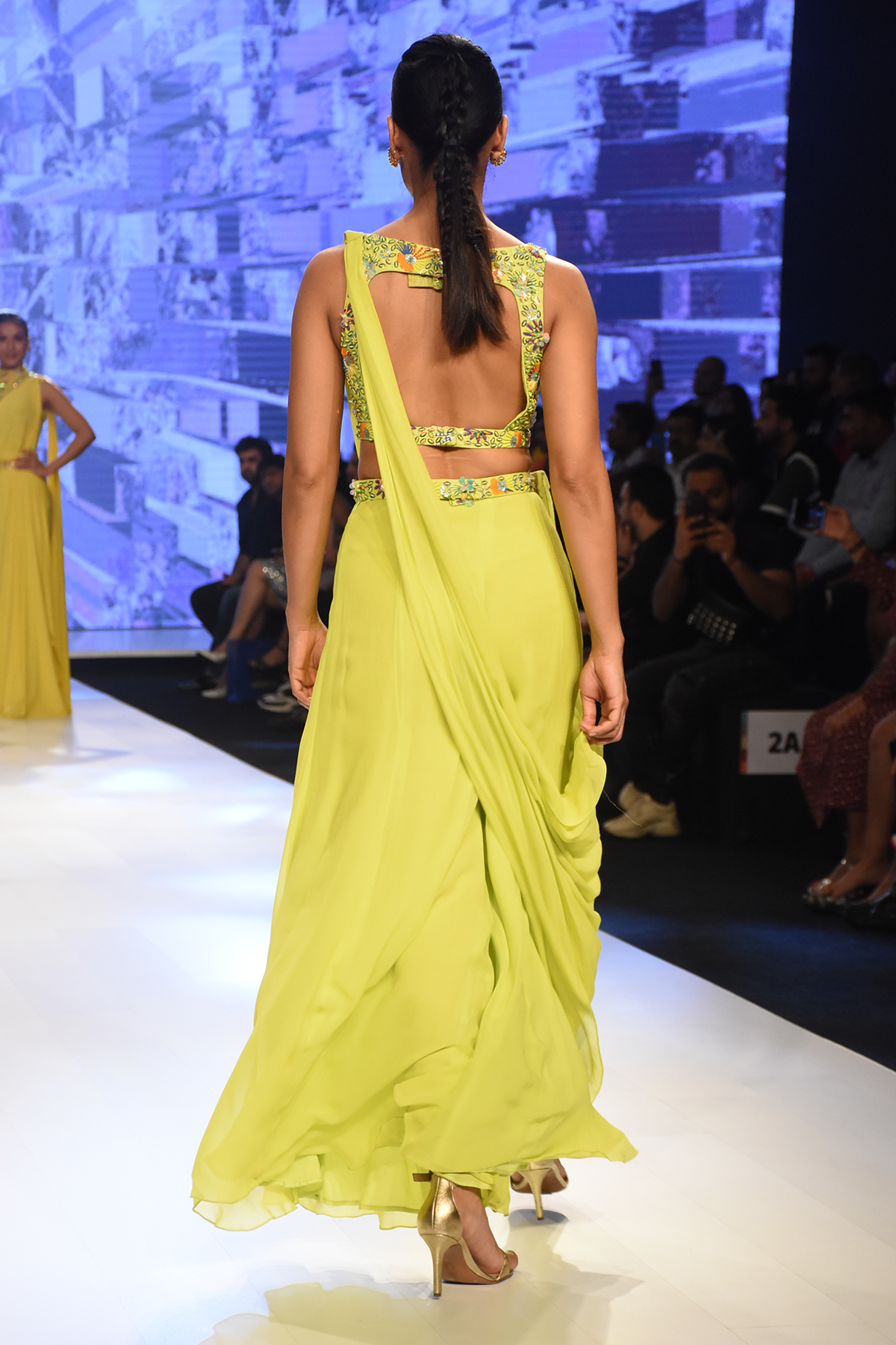 Lime Green 3D Multicolour Embroidered Cut out Blouse with Prestitched Sharara Saree & Embroidered Bag Belt