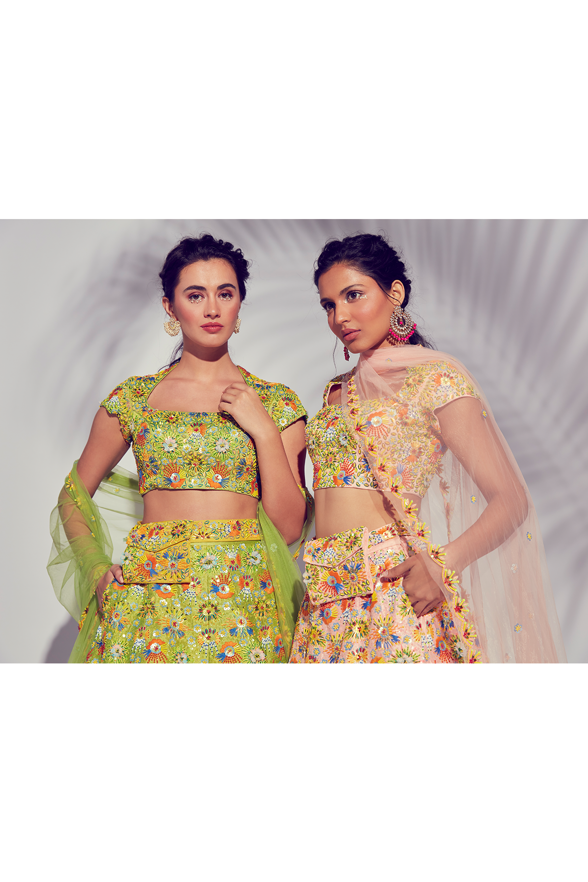 Lime Green 3D Embroidered Multicolour Lehenga Set With Embroidered Dupatta & Embroidered Bag Belt