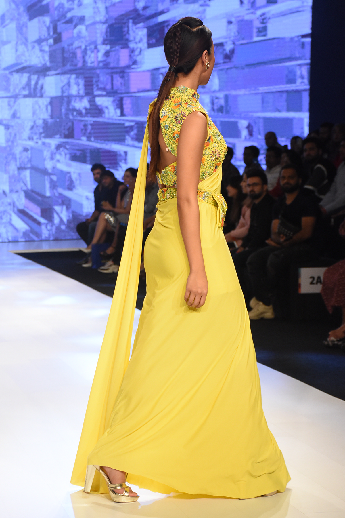 YELLOW 3D MULTICOLOUR EMBROIDERED PRESTICHED LYCRA SKIRT SAREE WITH EMBROIDERED BAG BELT