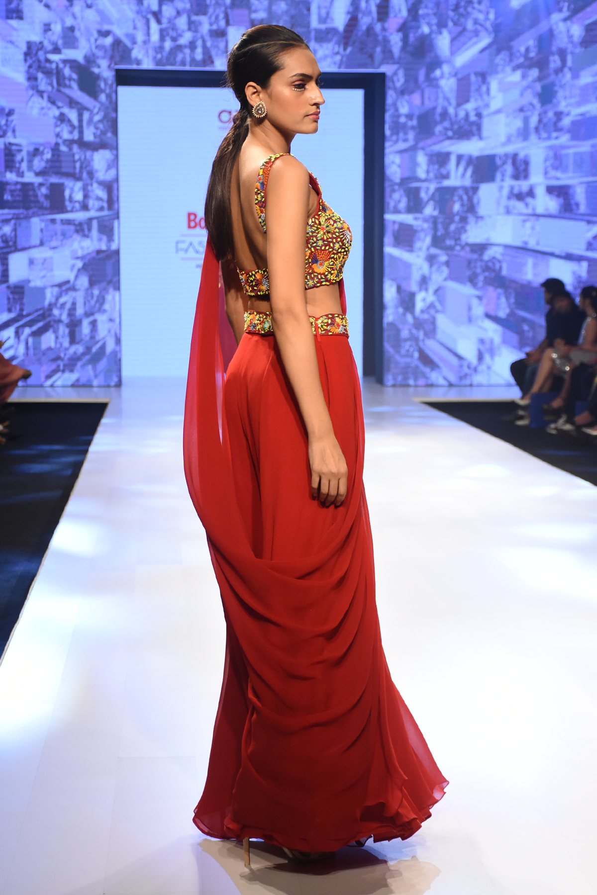 Red Prestitched Sharara Saree with 3D Embroidered Blouse & Embroidered Bag Belt