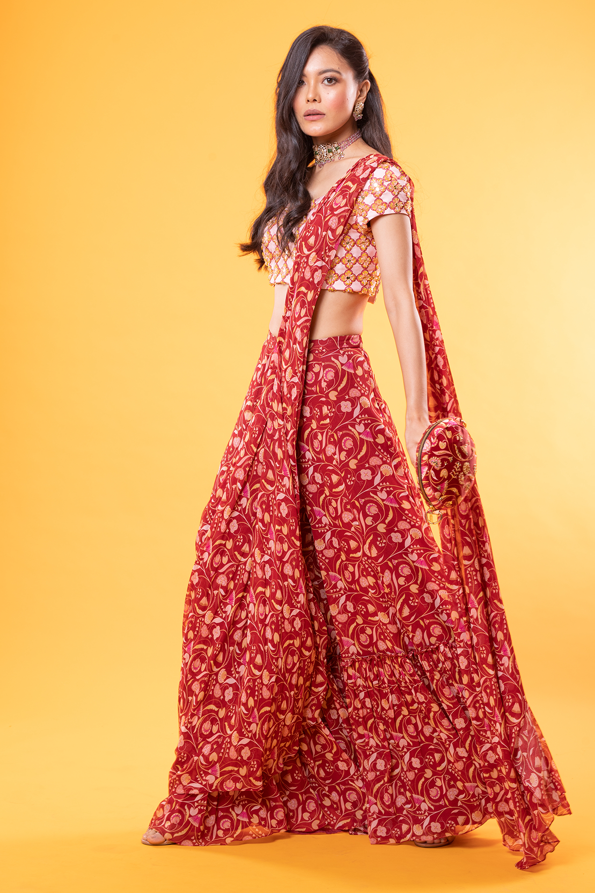 MAROON PRINTED CRYSTAL BLOUSE WITH JAAL PRINTED PLEATED GHARARA PANTS SAREE & EMBROIDERED POTLI BAG