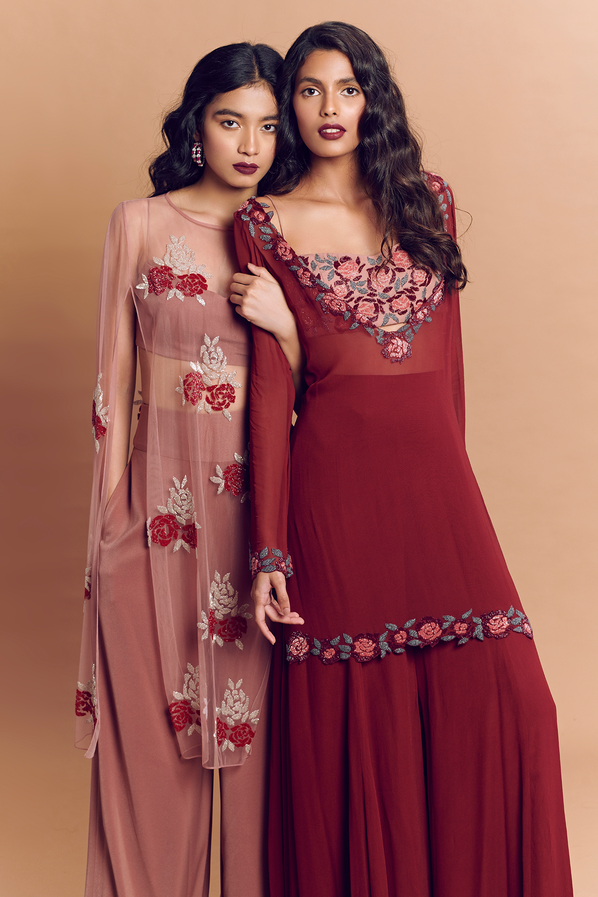 Old Rose Silver Embroidered Cape With Maroon Pant & Bustier