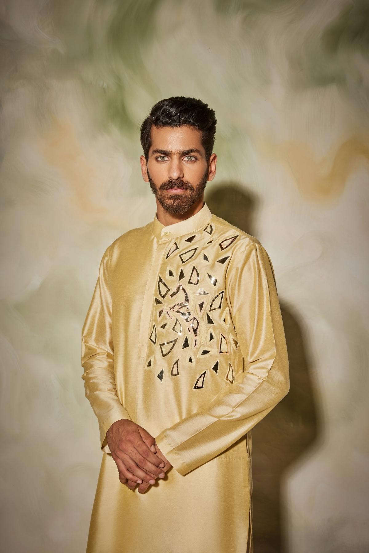 Yellow self on self Acrylic and thread mix horse embroidered Kurta