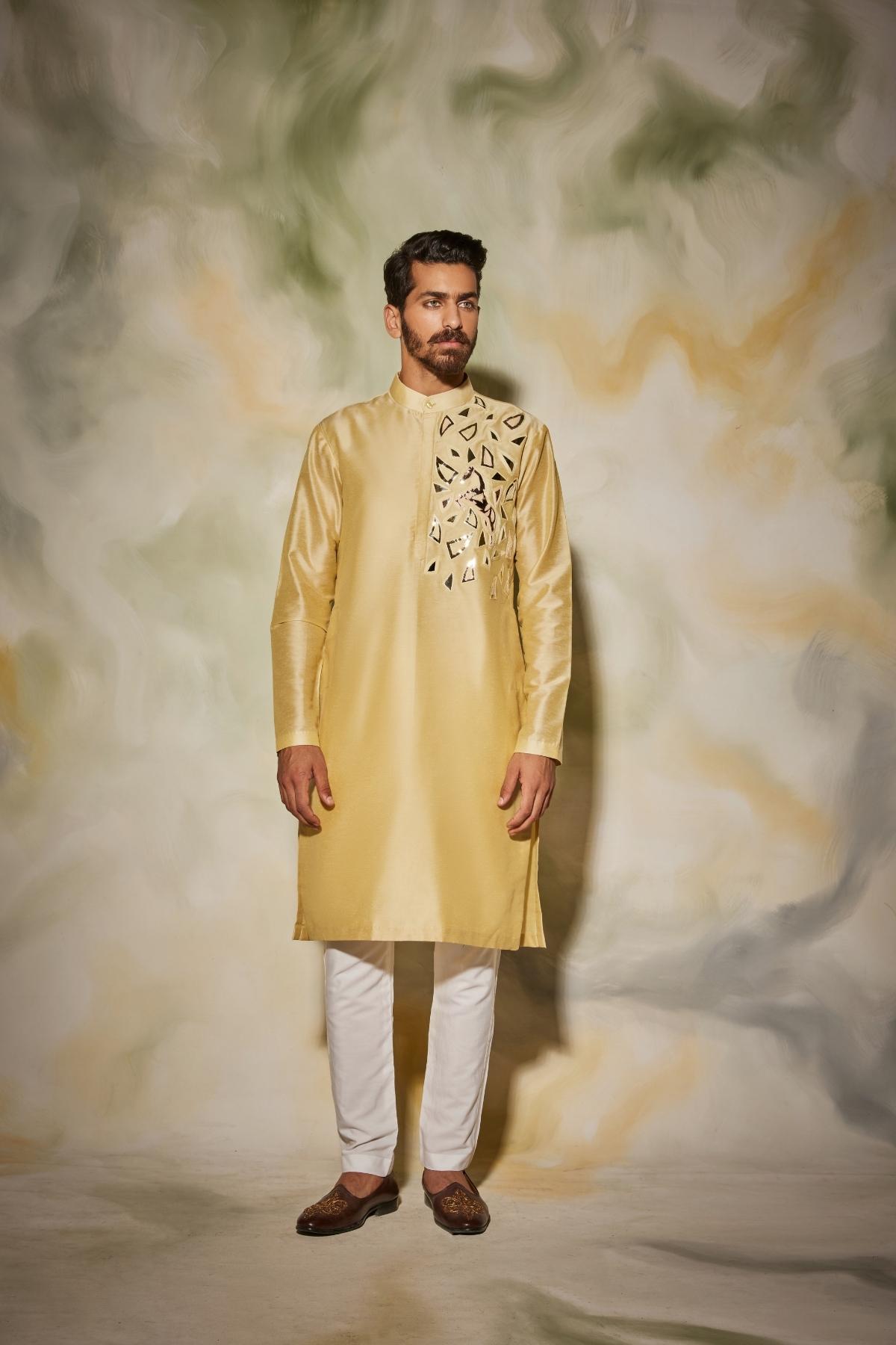Yellow self on self Acrylic and thread mix horse embroidered Kurta