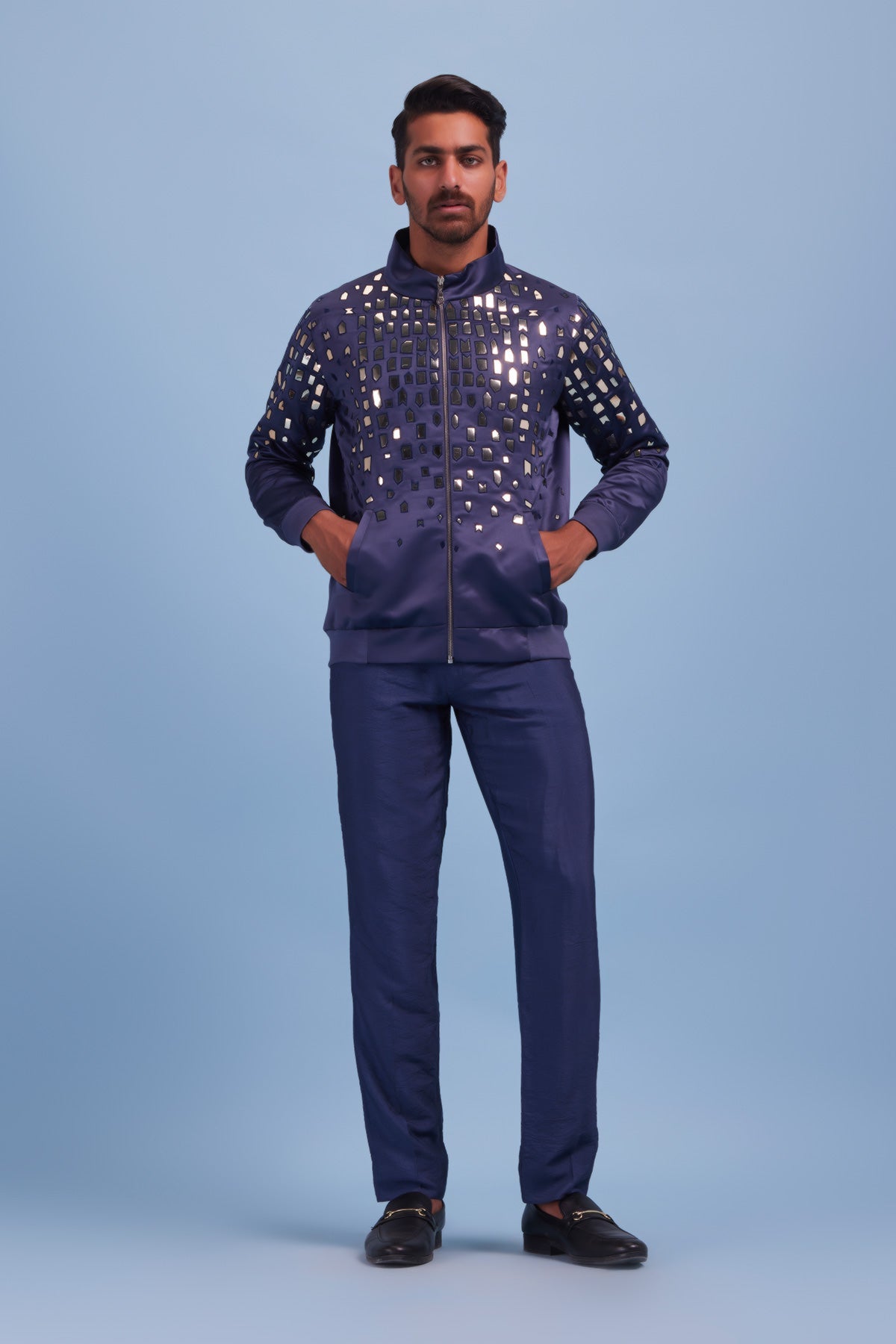 Cool Grey Acrylic and Thread Dropdown Embroidered bomber Jacket With Cool Grey Pants