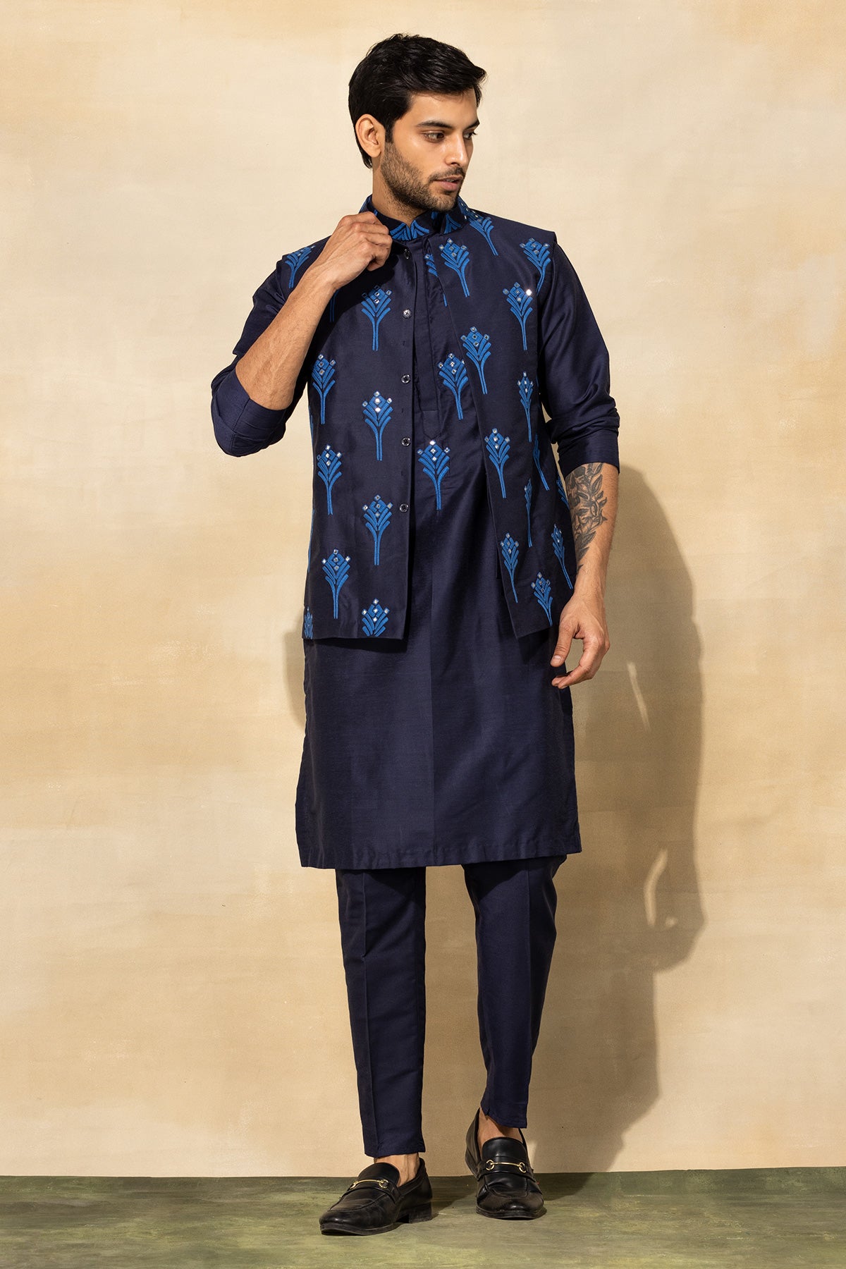 DARK BLUE FEATHER  EMBROIDERED KURTA & BUNDY