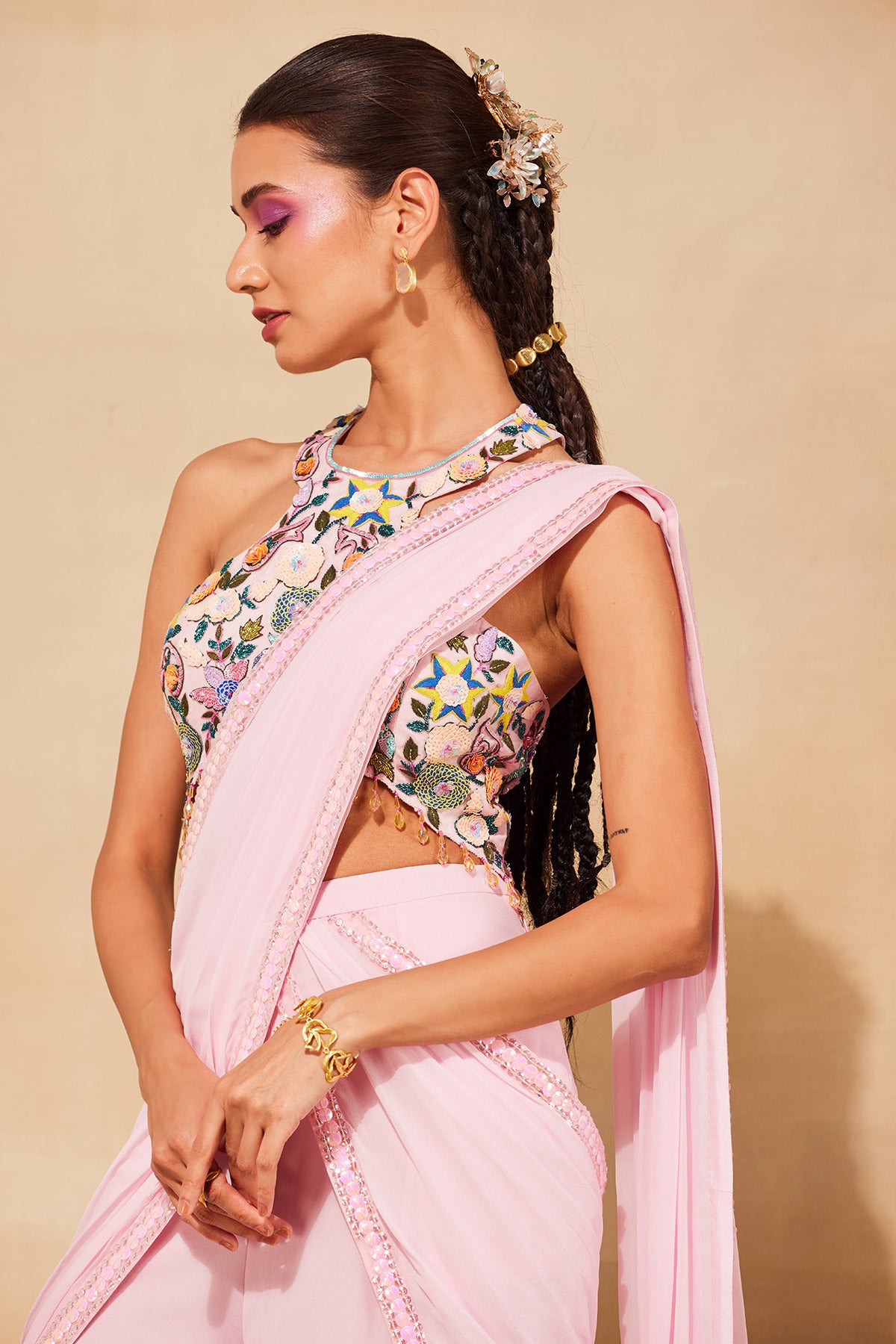BLUSH PINK FLORAL EMBROIDERED SAREE SET