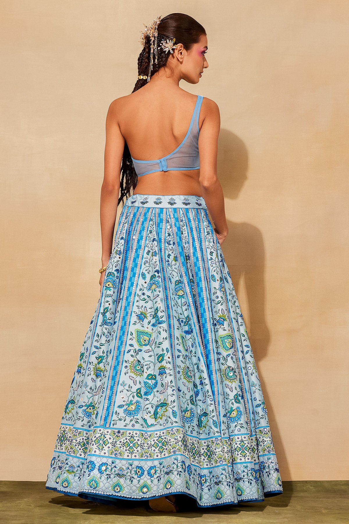 POWDER BLUE SELF ON SELF PRINT & EMBROIDERED LEHENGA SET