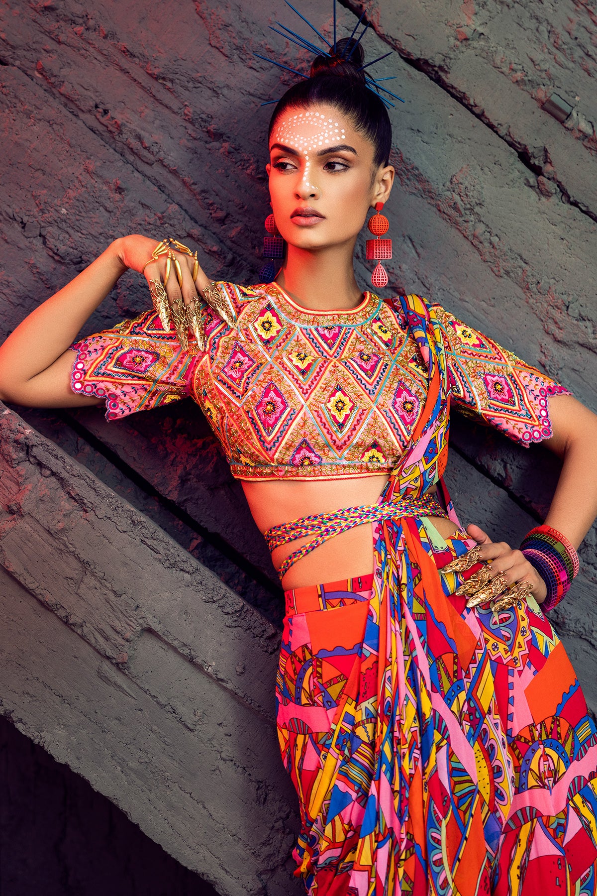 Pink geometric print sharara saree set