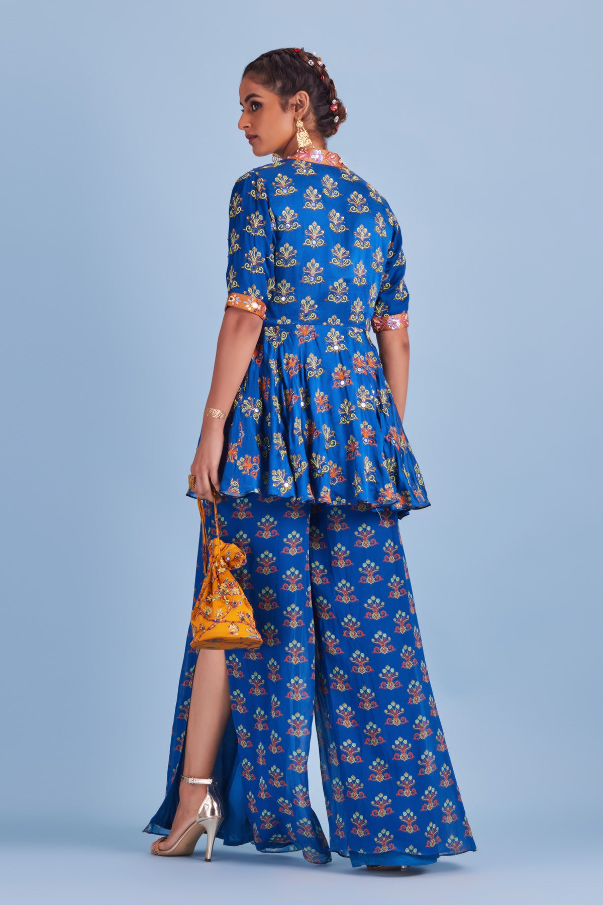 Blue Butta Printed and Embroidered Peplum Set