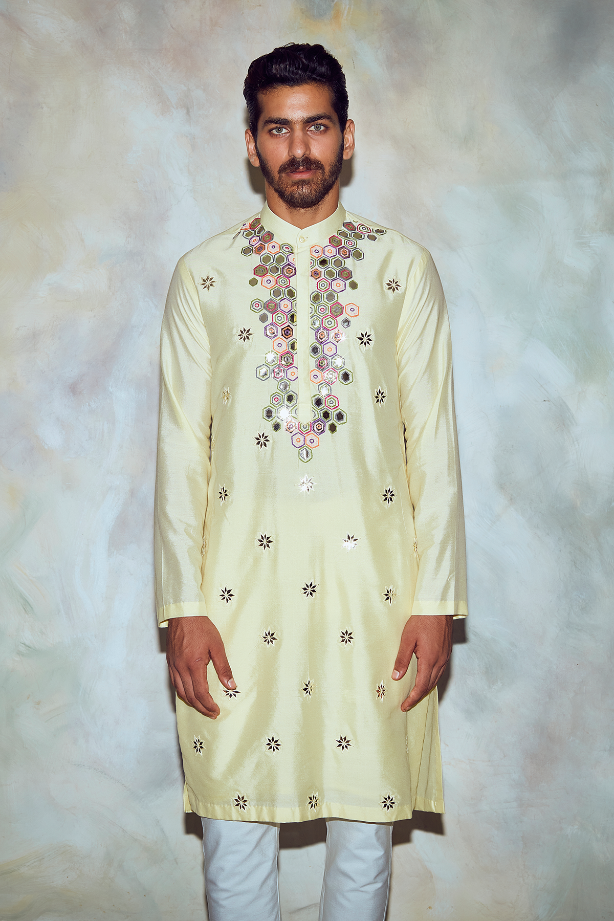 Yellow Hexagon Embroidered Kurta