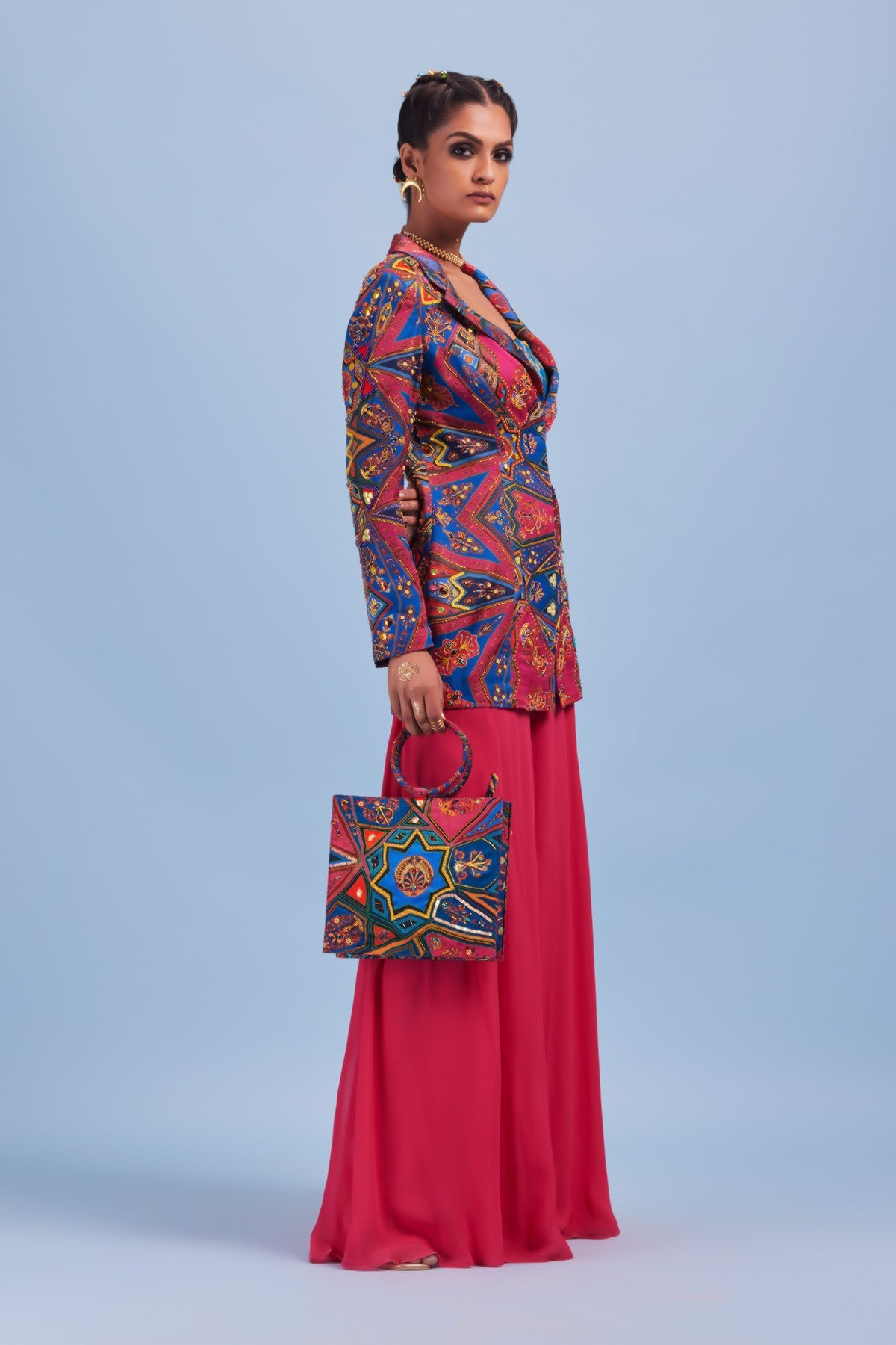 Madhuri Dixit in Teal & Fuchsia Pink Jaal Print & Highlighted Blazer Set