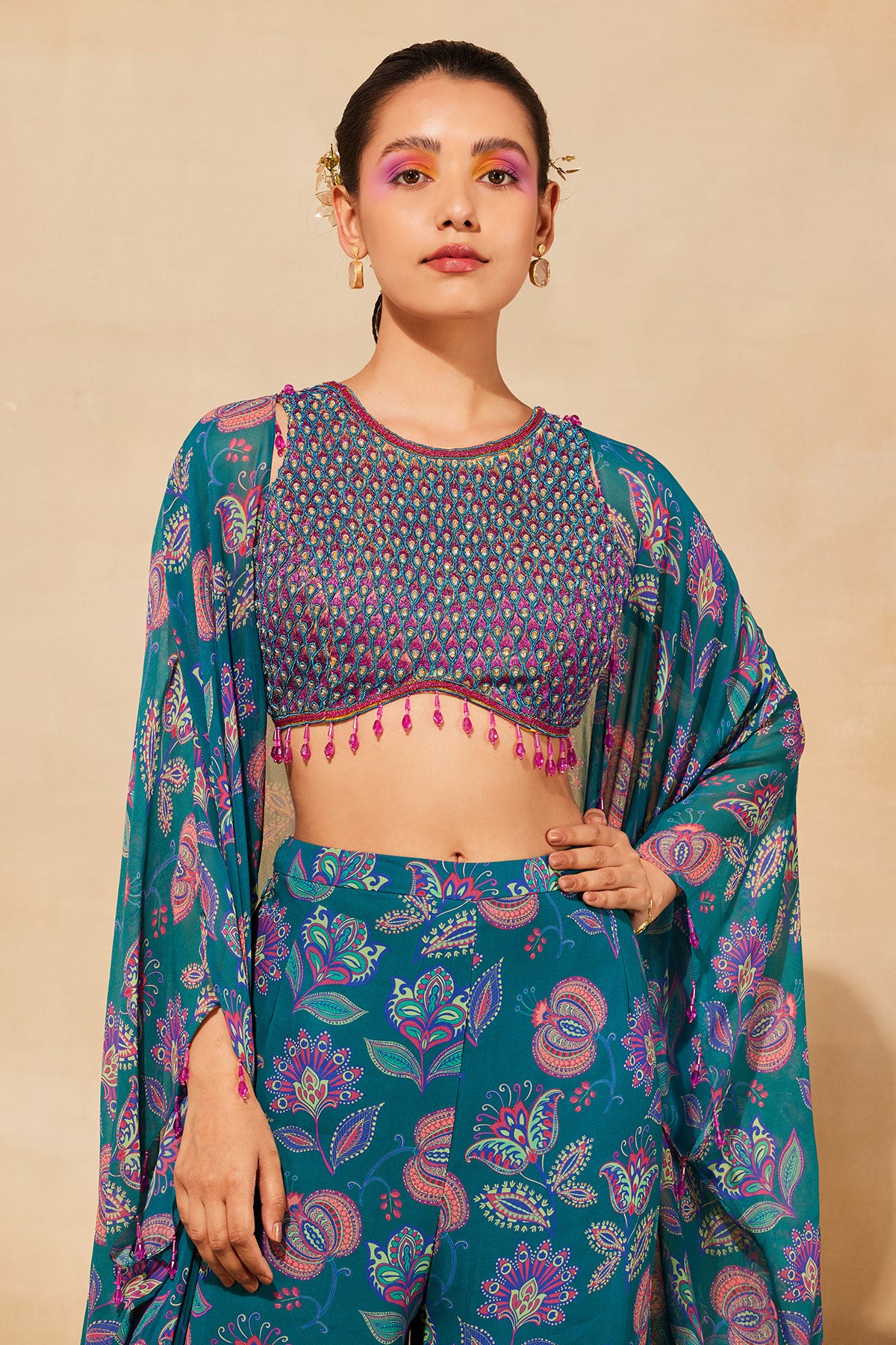 TEAL BLUE EMBROIDERED & PRINTED CAPE SET