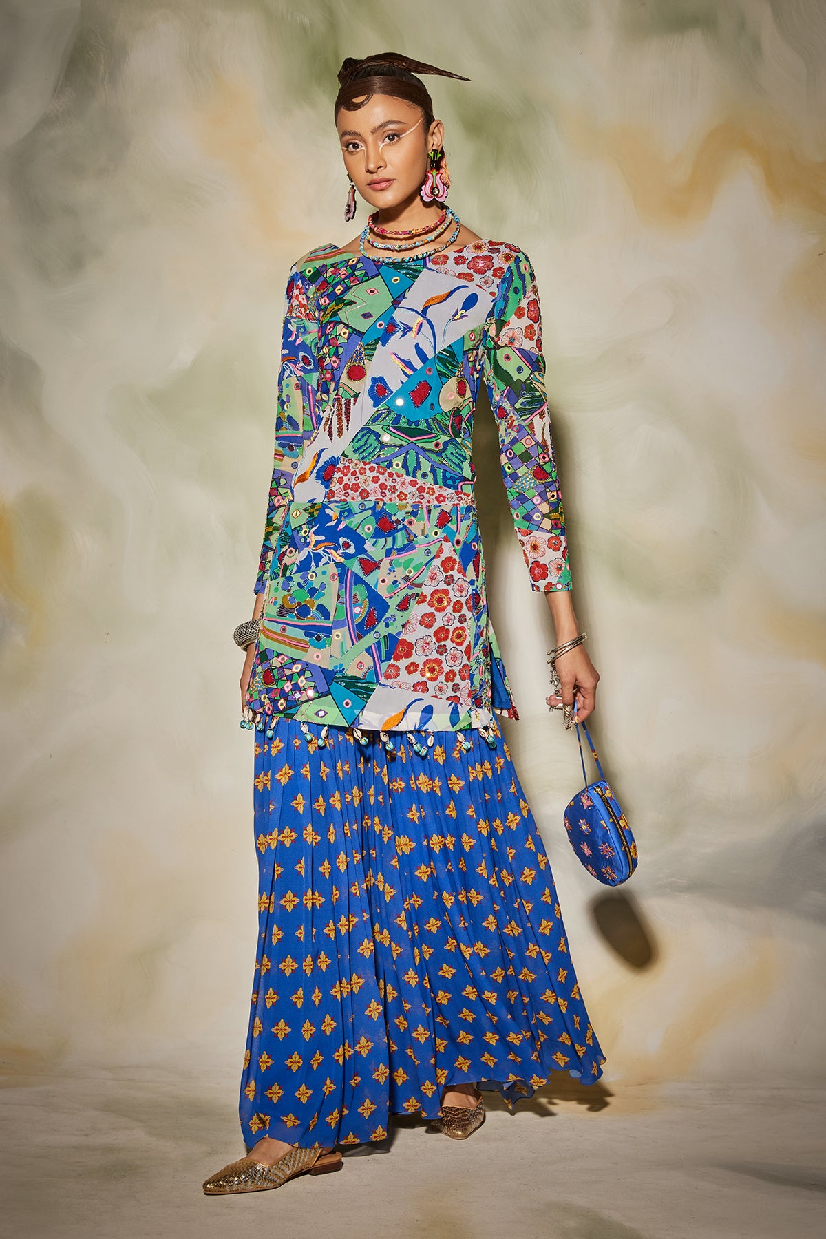 White & Blue Aztec Print highlighted Kurti Gharara Set With Drop Potali Bag