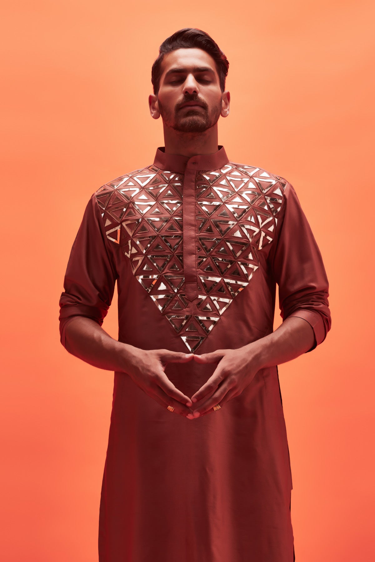 Rose Gold Acrylic Triangle Embroidered Yoke Kurta With Rose Gold Pants