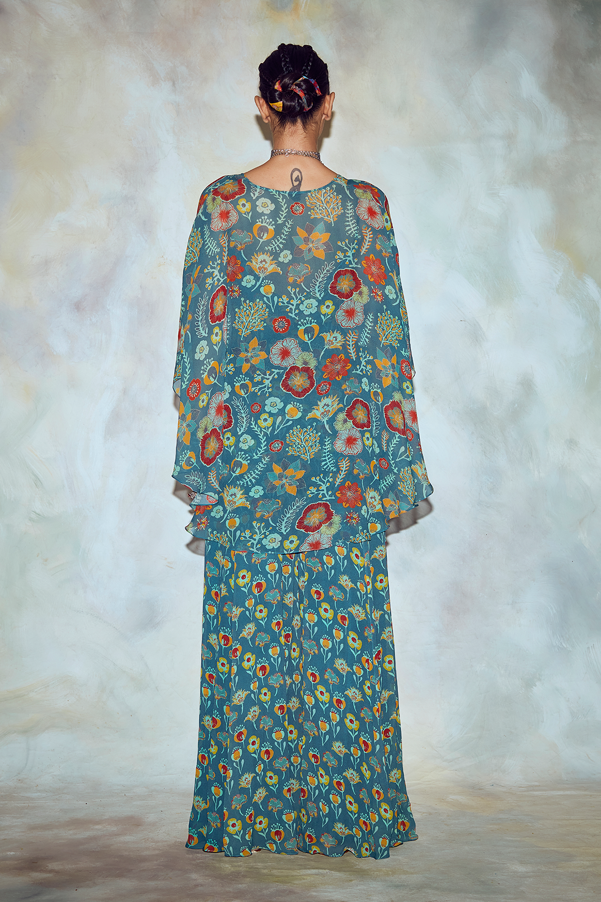 Teal Blue Floral Print Cape Set