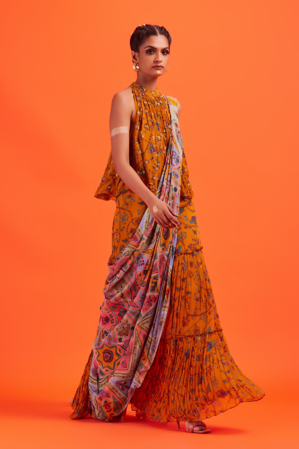 Yellow Flared Top With Bale Printed Gharara Sari
